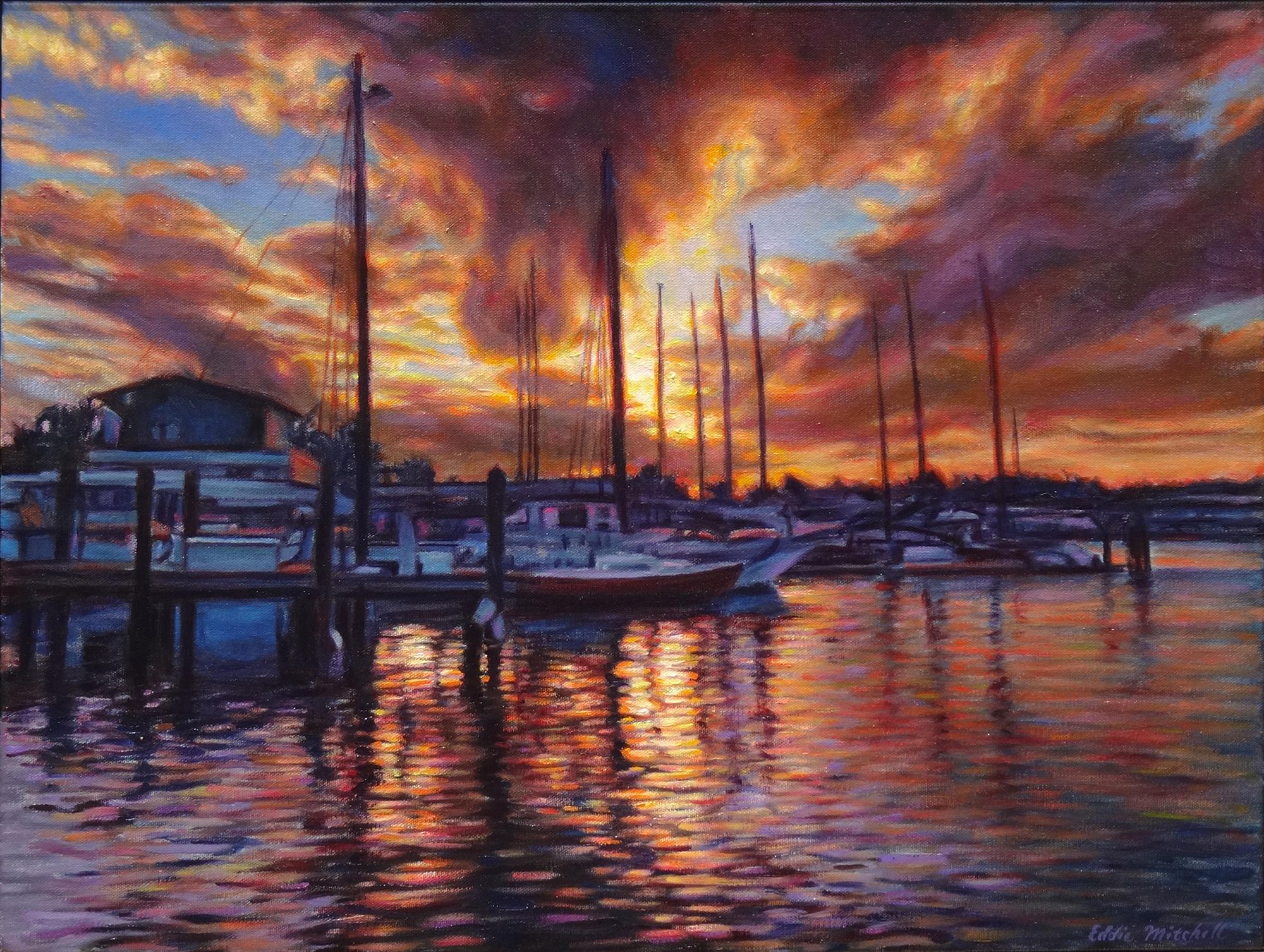 Eddie Mitchell Landscape Painting - "A Delightful Dance at Dusk"  Key West Boats Oil Impressionism  In Stock