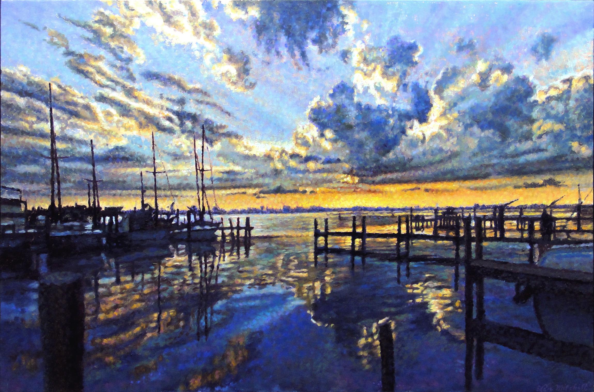 Eddie Mitchell 
"Docks at Sunset "  
 24"x36" 
Oil on Canvas
 $1500

Eddie Mitchell
Philosophy:
What is most inspiring to me is a resplendent, sun-filled day. I love the play of sunshine as it enlivens everything and creates strong patterns