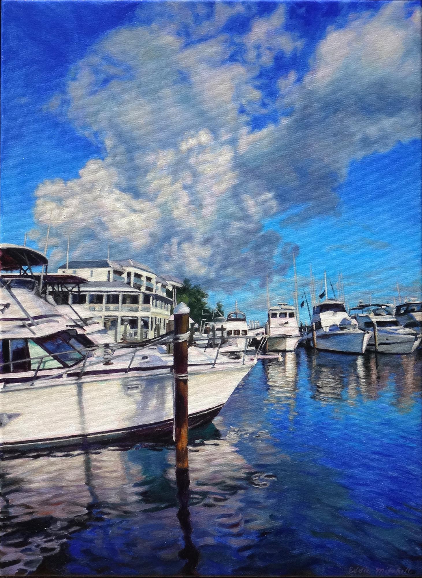 Eddie Mitchell Landscape Painting - "Boats In A Brilliant Blue Bay"     Boats Key West, 24 " x 18"  Oil   
