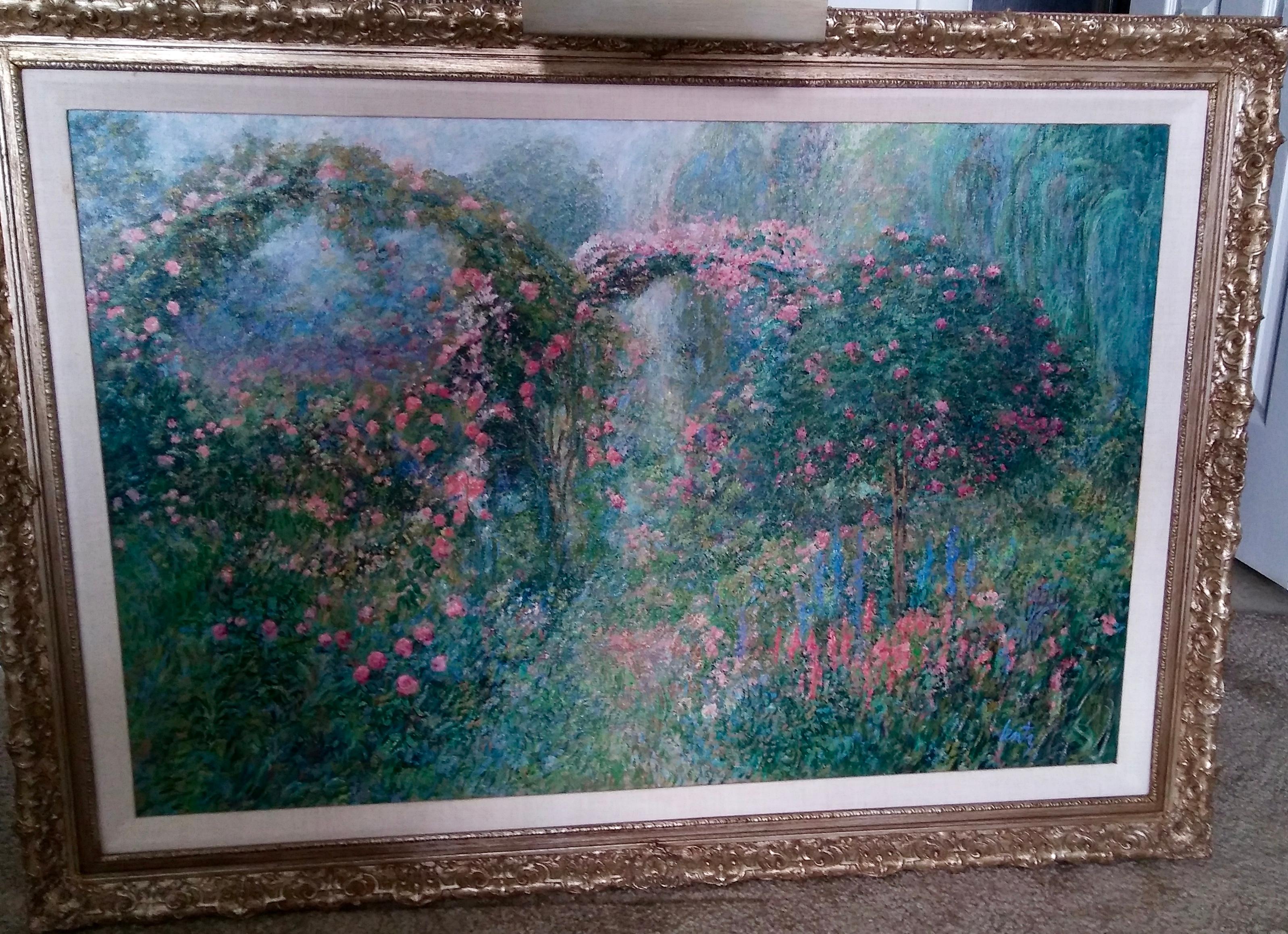 Jance Lentz Landscape Painting - "Rose Arches, Giverny"   Impresionism  Framed :42 5/8" x 30 1/2"  "In Stock"