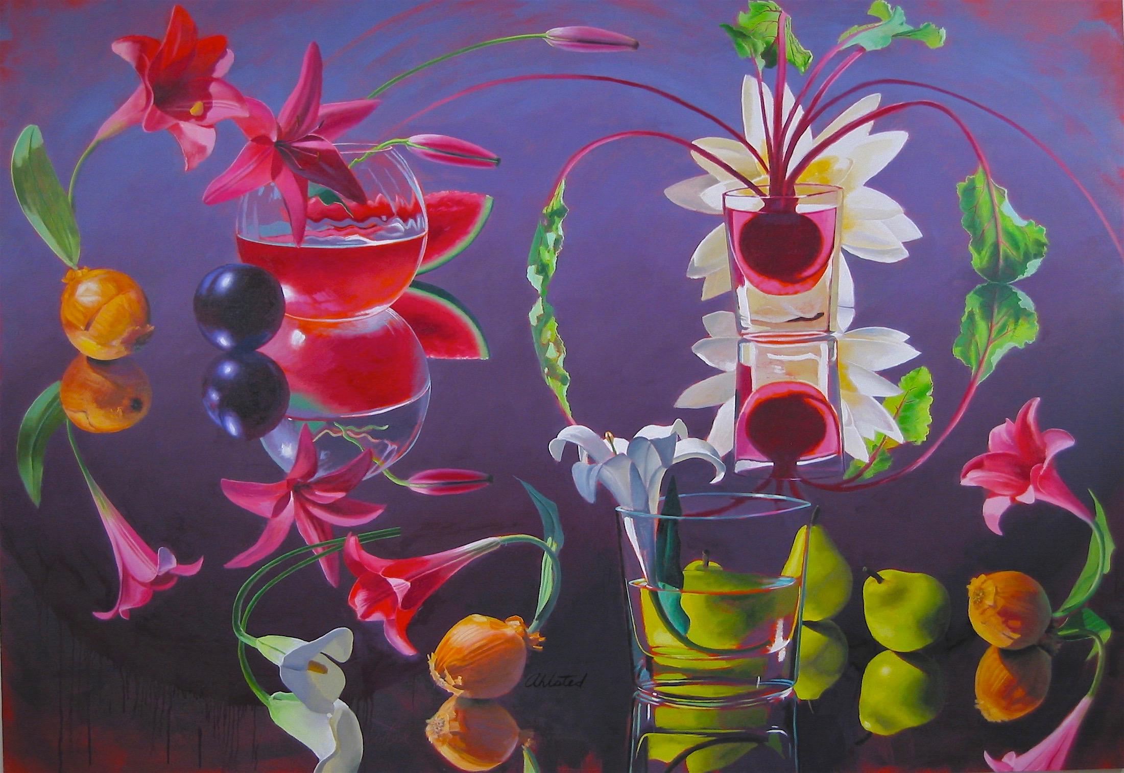 David Ahlsted Still-Life Painting - "Purple Madder"  Contemporary Flowers Fruit red purple photorealist  $15, 500