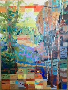 Breaking Through, Abstract Realism, Blue Green Painting Canvas Wooded Landscape