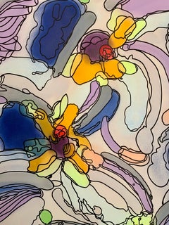 Purple and Gold Fantasy, Scabiosa Flowers,  Acrylic spray paint,  70” x 45”