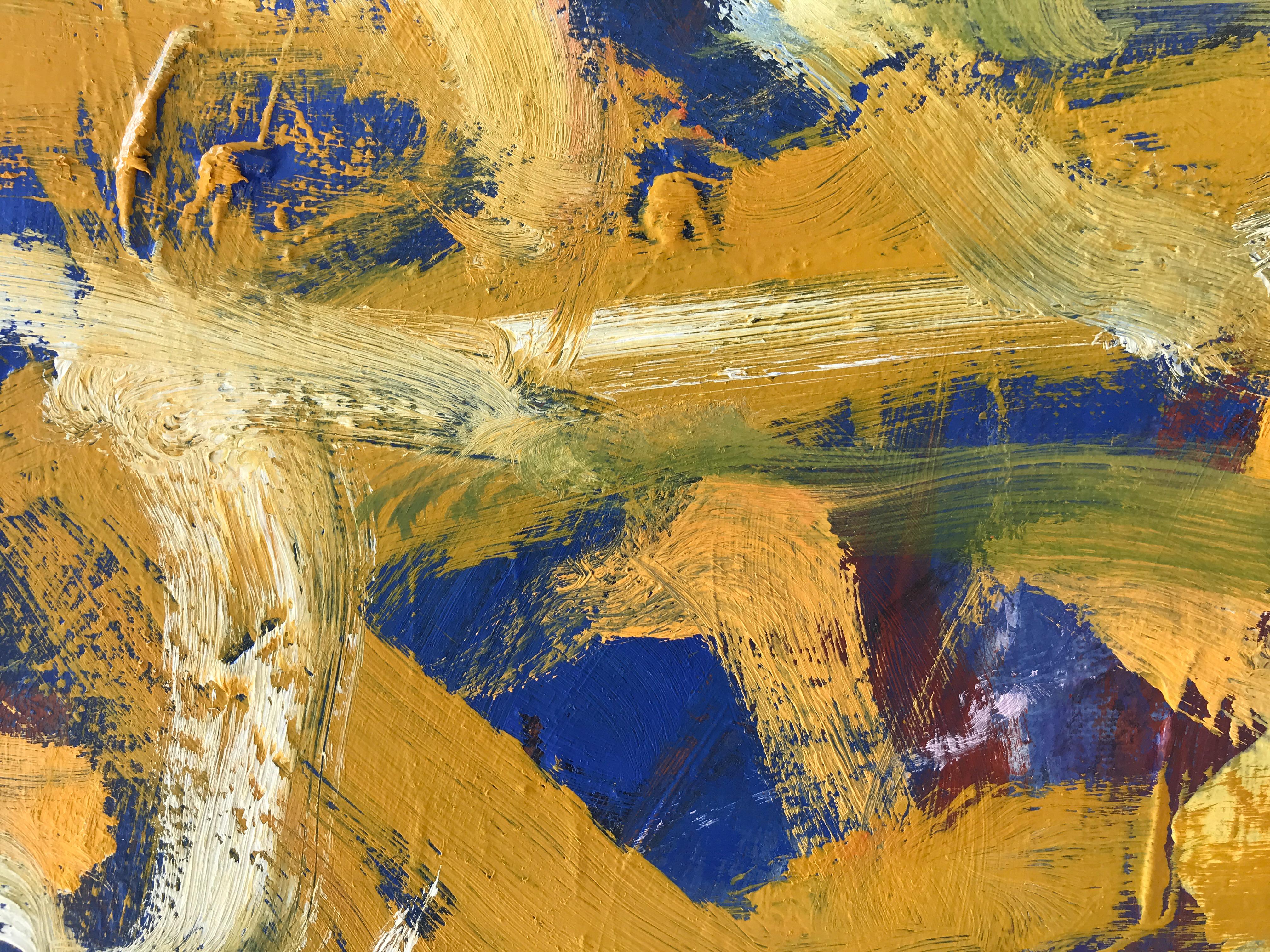 This dramatic abstract painting in gestural deep blues and citron yellow, 