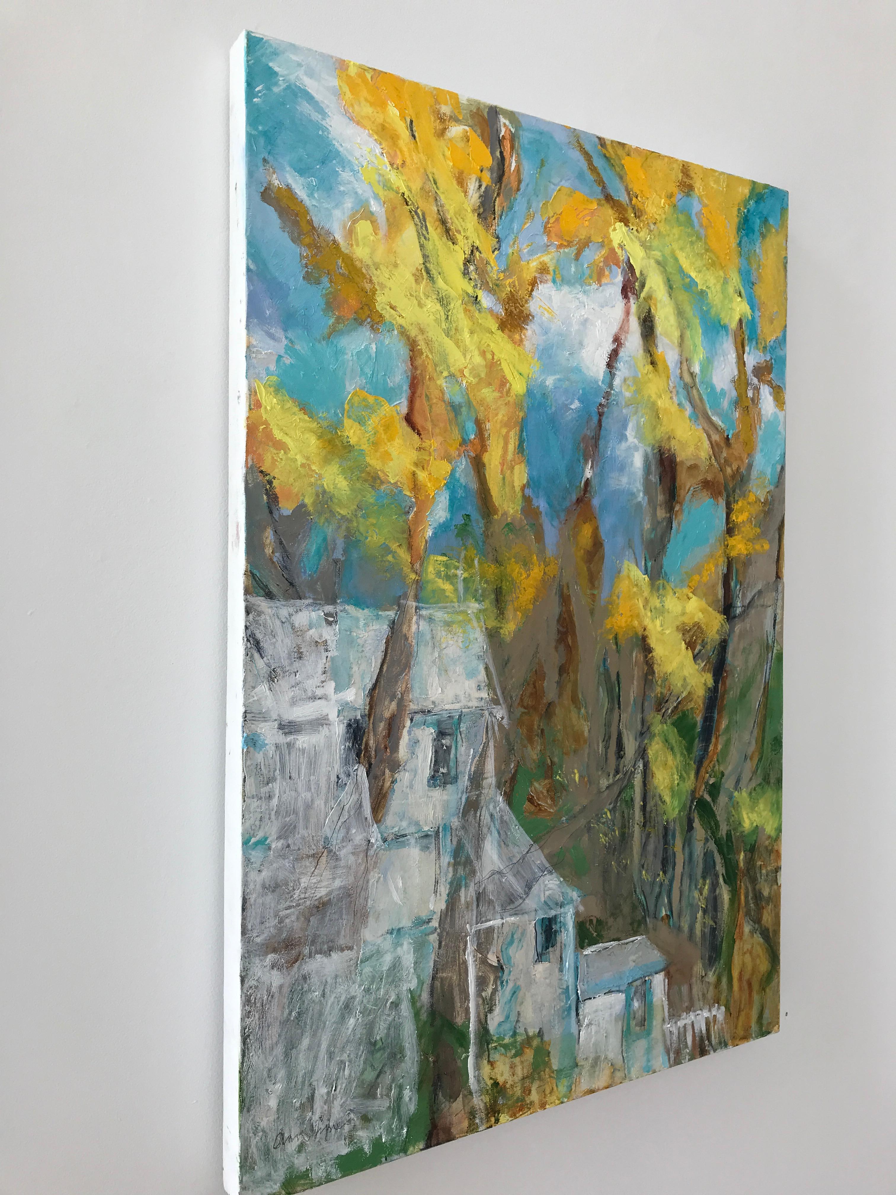 Ann Lyne transforms her artistic influences of Cezanne, Matisse and Van Gogh in this abstract expressionist style painting of brilliant lemon yellows and turquoise blues. The house in the lower left painted in turquoise and transparent whites adds