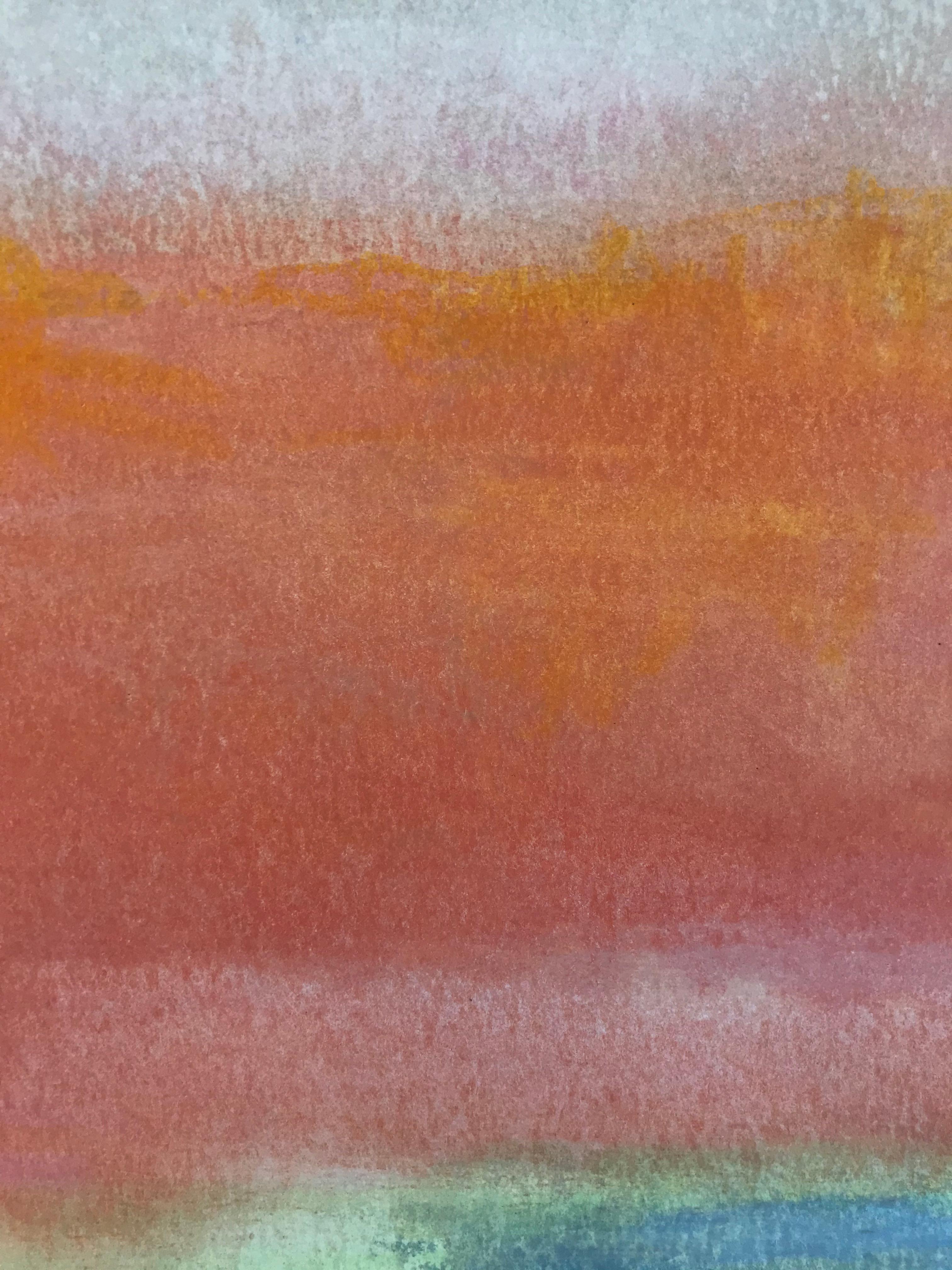 'Early Morning Tree Line' is an oil crayon landscape in the colors orange, red, gray, and lime green, and blue, reminiscent of Wolf Kahn with whom the artist studied in its soft, mysterious, evocative mood.

