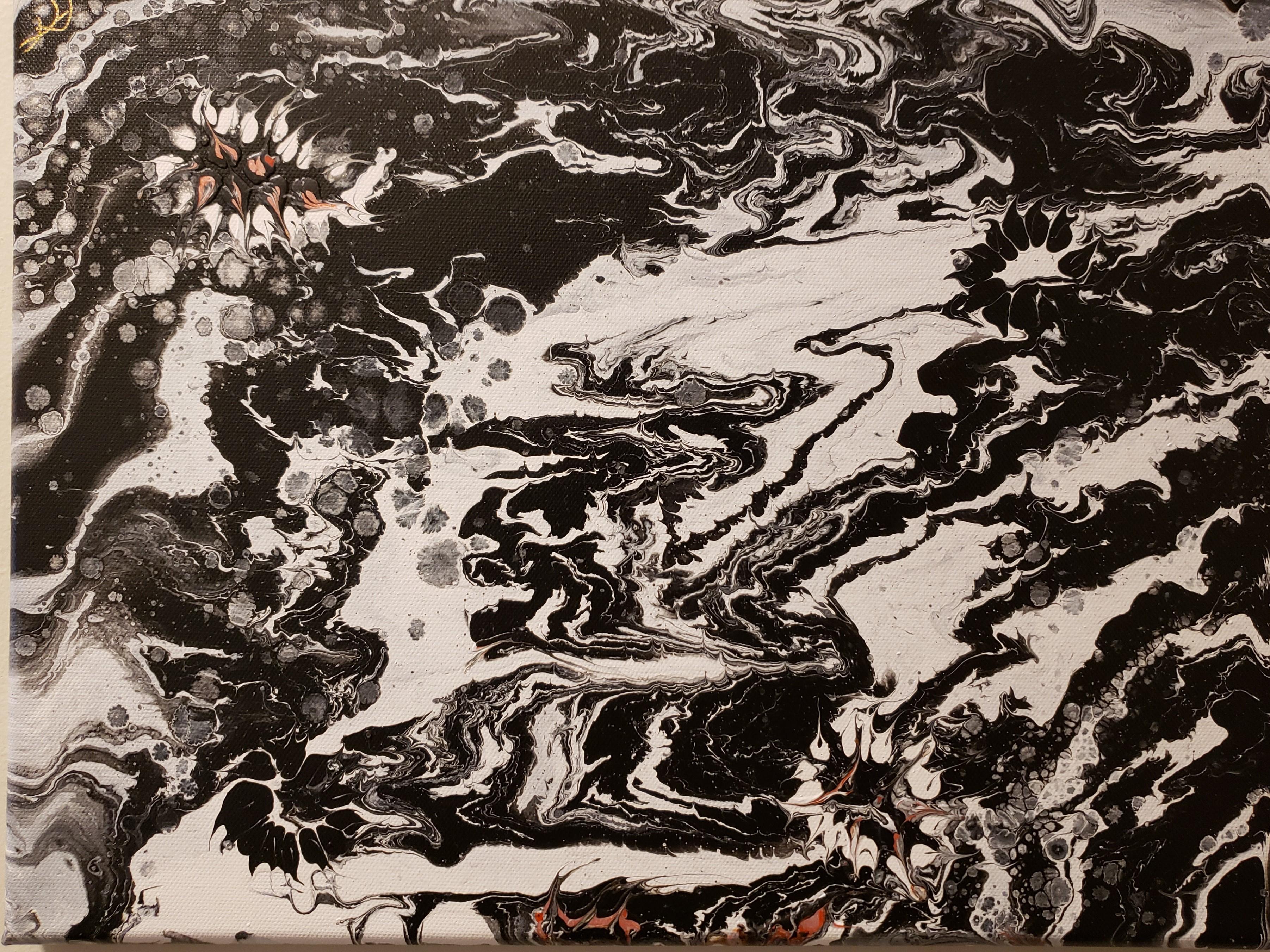 Diana Daniels Abstract Painting - Black and White with a Touch of Red