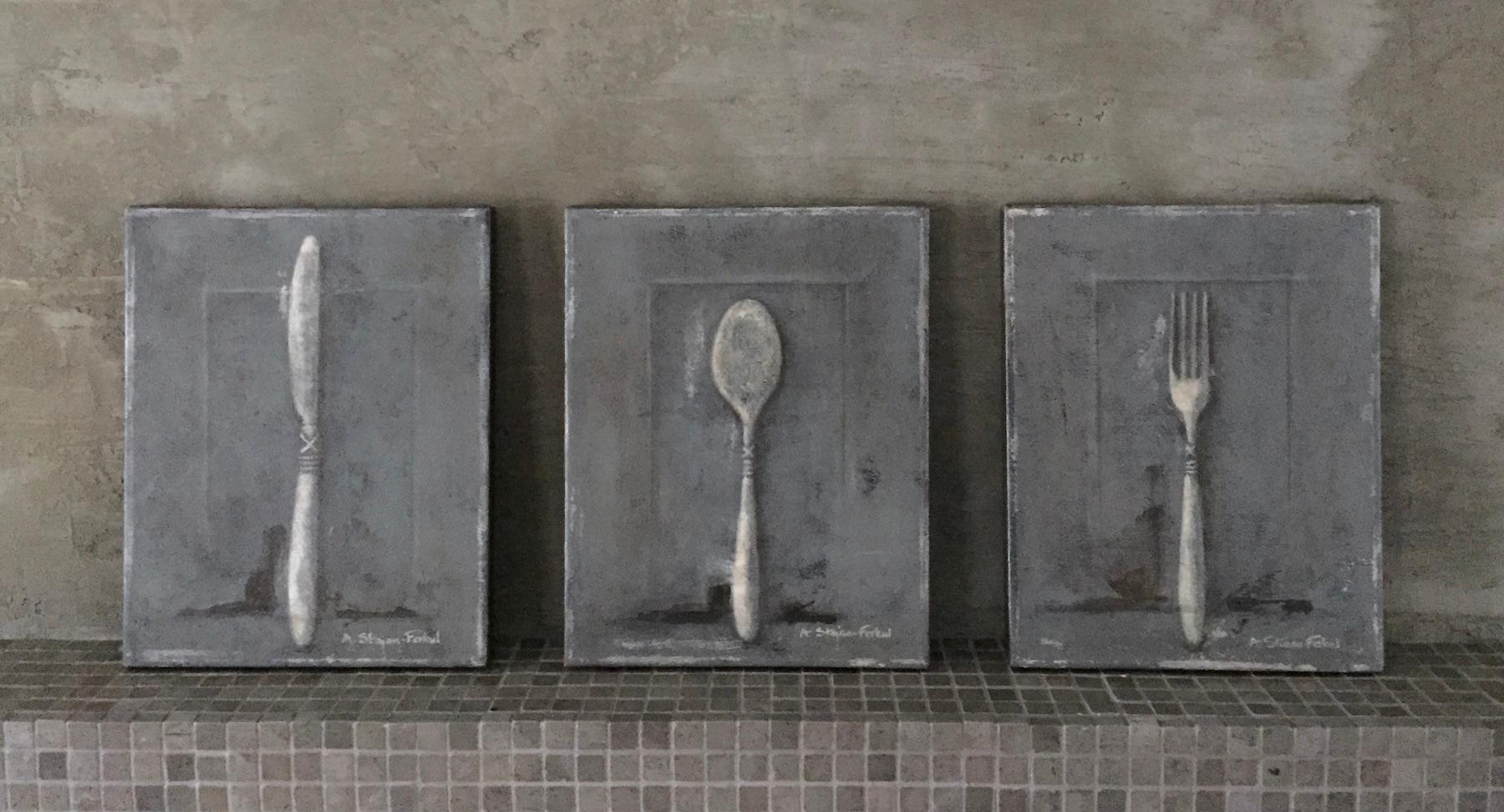 Dining In - 3 Paintings, Still Life, Spoon, Knife, Fork, Grey And Beige Neutrals - Art by Andrea Stajan-Ferkul