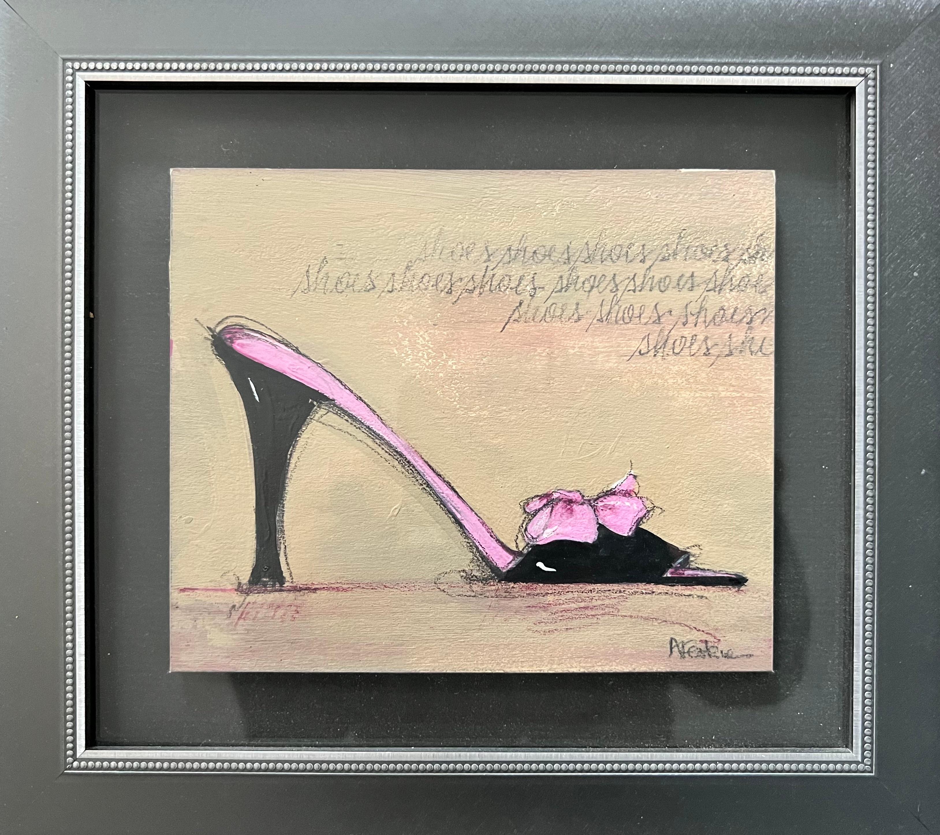 This artwork blends acrylic, pencil and color pencils in a loose style keeping it both expressive and refined. The art floats above the matte and is beautifully framed in a dark grey metal with a delicate pin dot pattern. A perfect art piece for the
