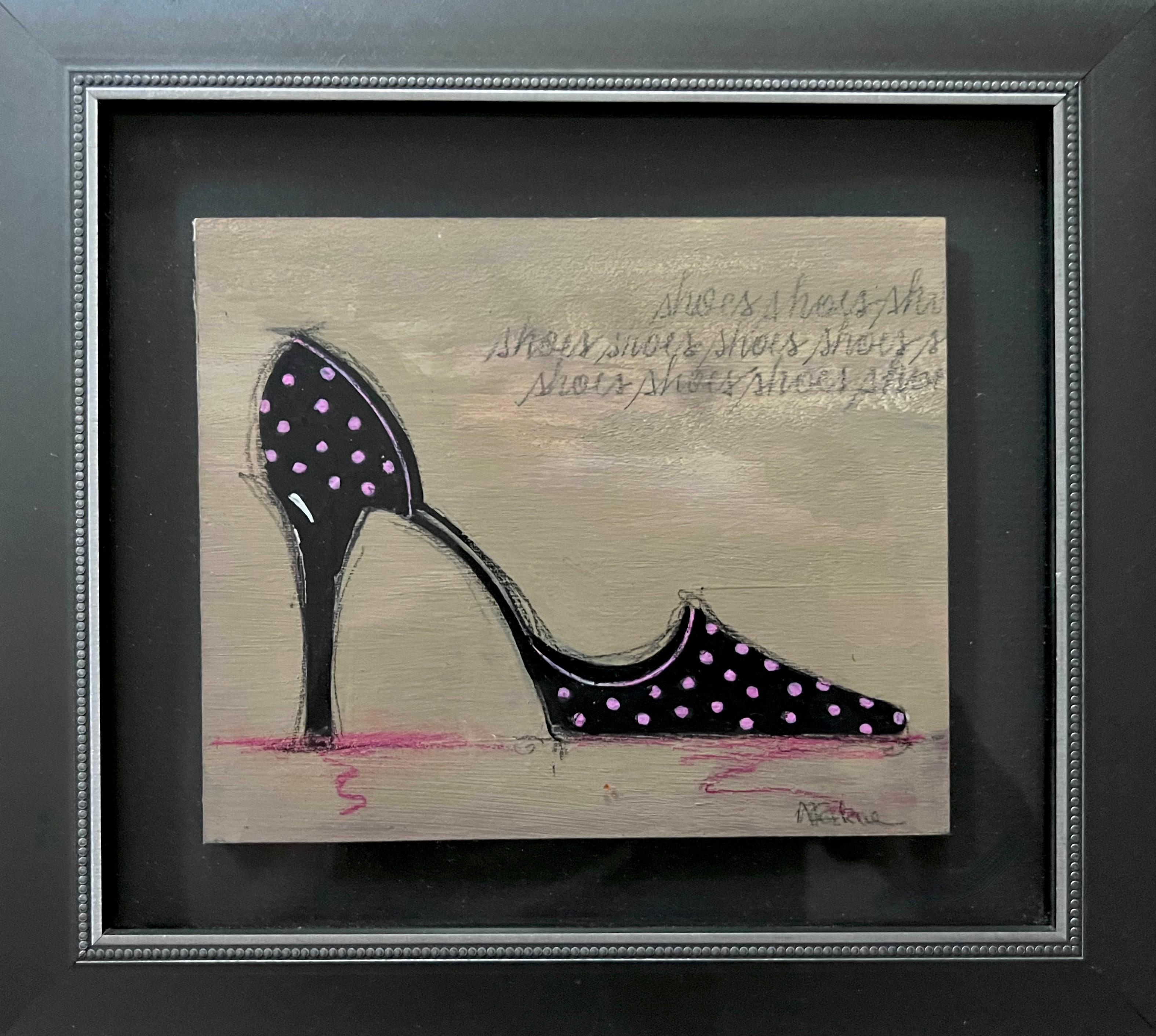 I Love Shoes - 5 (8.25”x9.25”, framed, black, beige, pink, part of series) - Art by Andrea Stajan-Ferkul