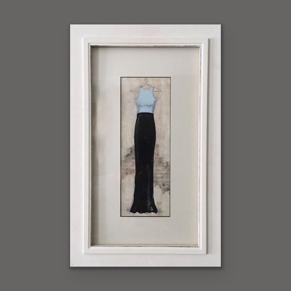 Elegant Evening - (15"x23", Dress Painting, Framed, Off White, Black, Blue) - Art by Andrea Stajan-Ferkul