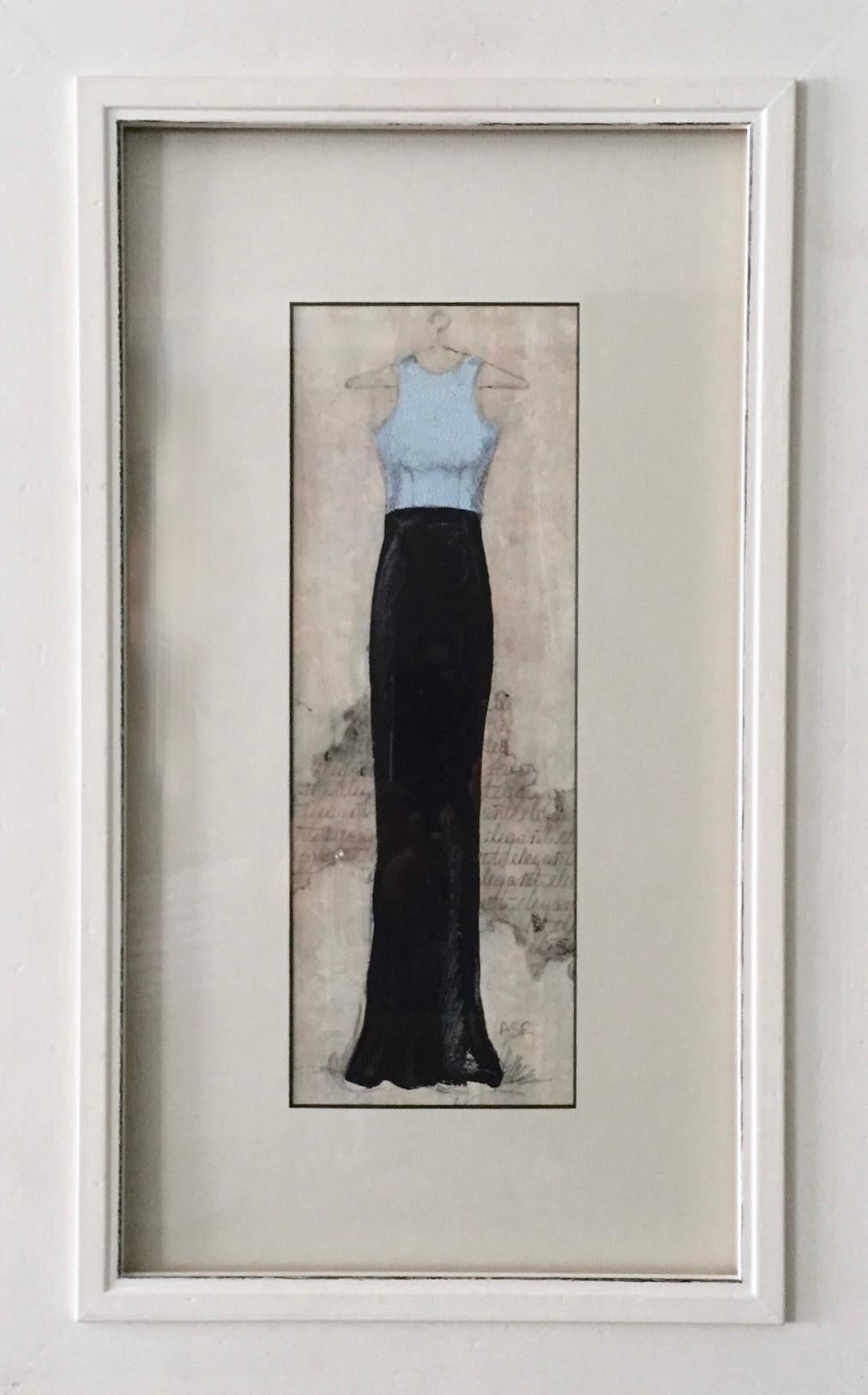 This dress painting on board communicates the essence of classic style. A tone on tone background builds up texture along with a scripted pencil pattern adding interest to the overall composition. The combination of delicate detail and intuitive