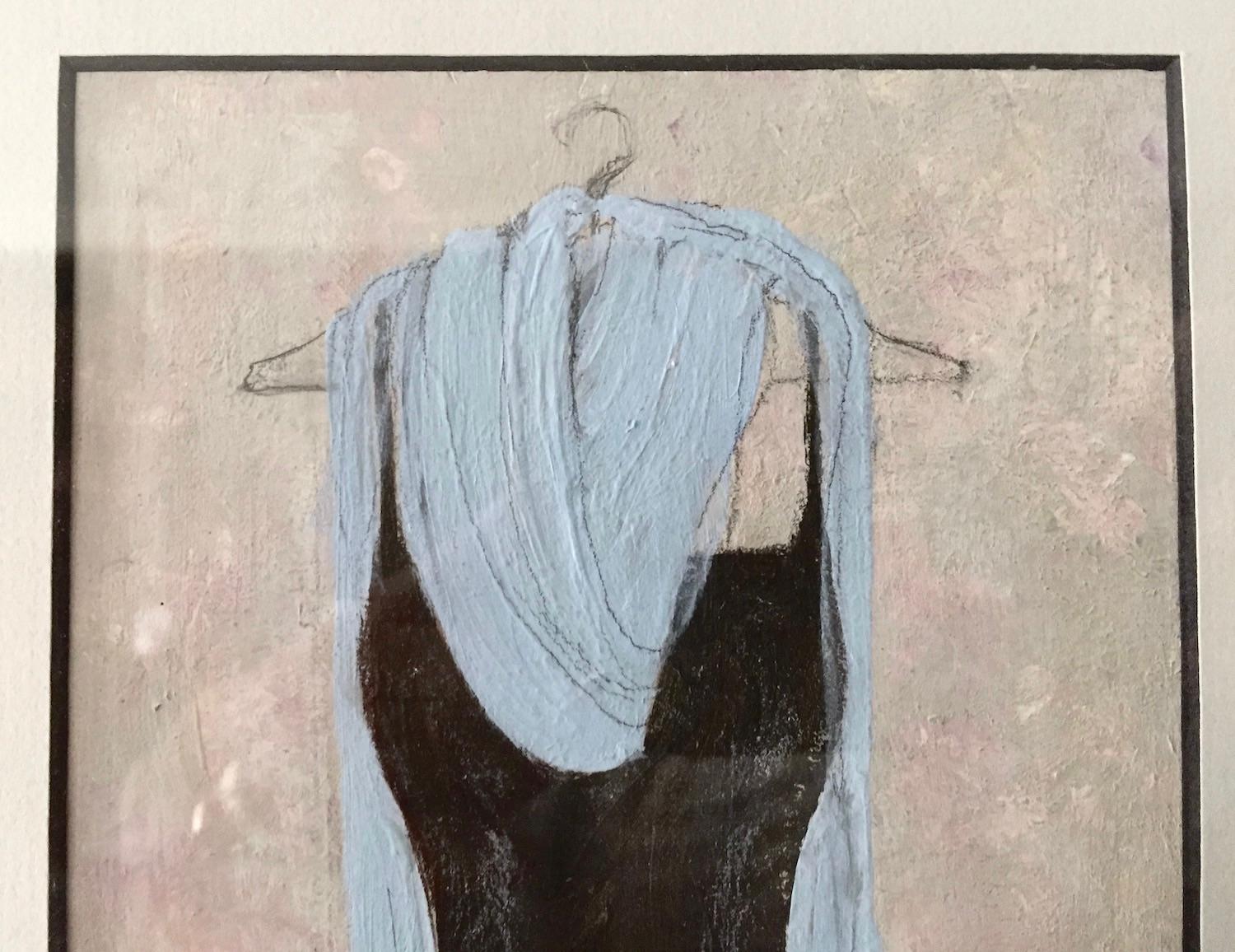 This dress painting on board communicates a sense of timelessness. A scripted pencil pattern adds to the composition building up the neutral tone on tone layering in the background. The combination of delicate detail and intuitive brush work create