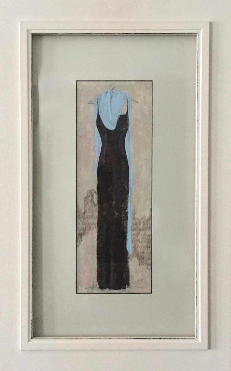 Andrea Stajan-Ferkul Still-Life Painting - Classy Evening - (15"x 23", Framed Dress Painting, Brown, Blue, Off White)
