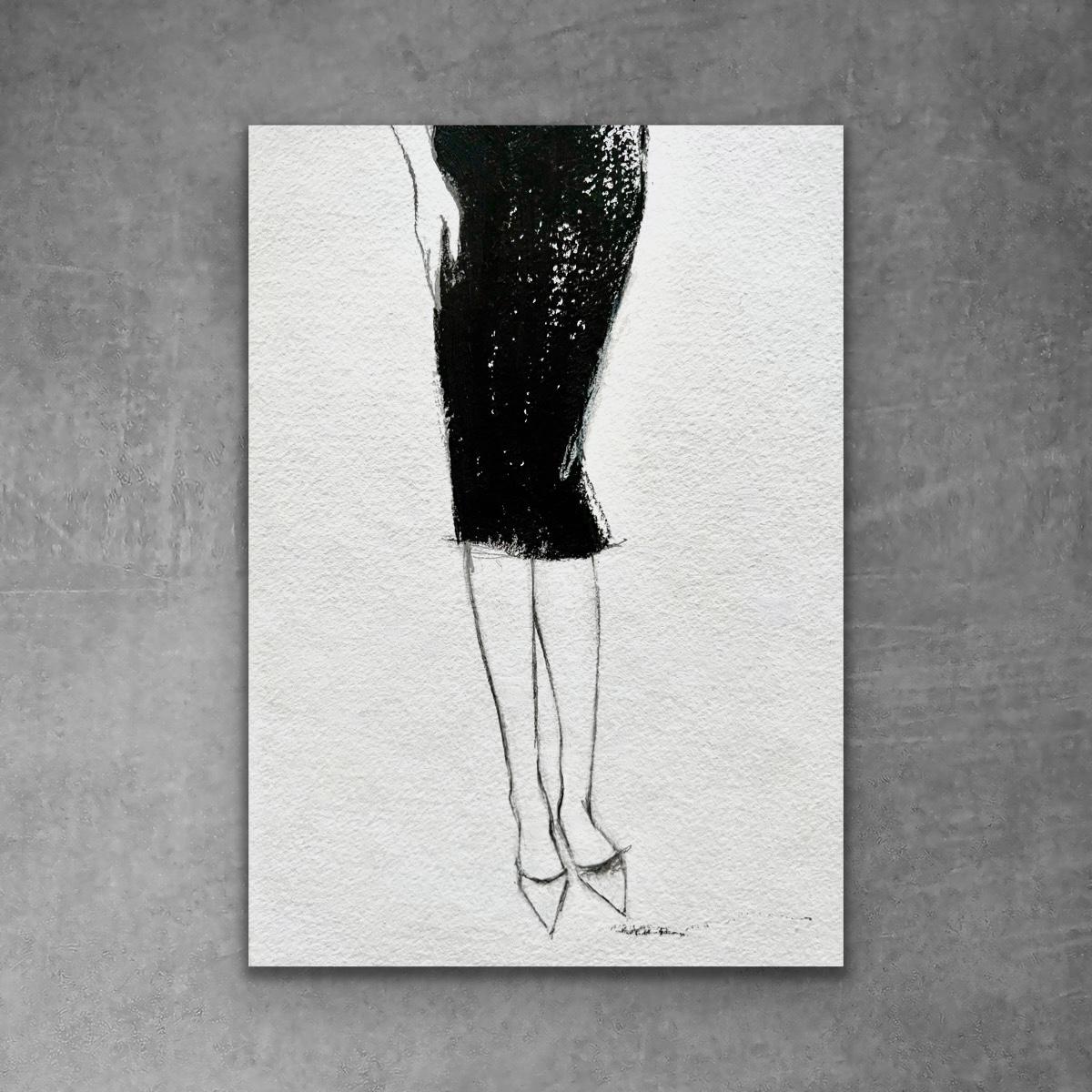 Andrea Stajan-Ferkul Figurative Art - Pencil Skirt - 5"x7", Black & White, Pencil Skirt, Original Artwork On Paper