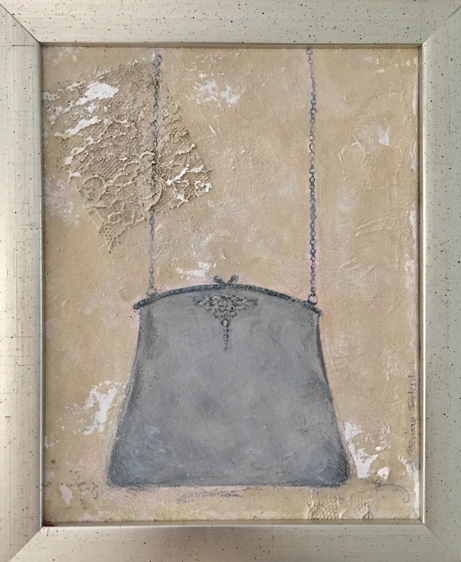 Abendtasche - (11.4 Zoll x 9,4 Zoll), gerahmtes Gemälde, bläulich, neutral, grau, Feminine Art – Painting von Andrea Stajan-Ferkul