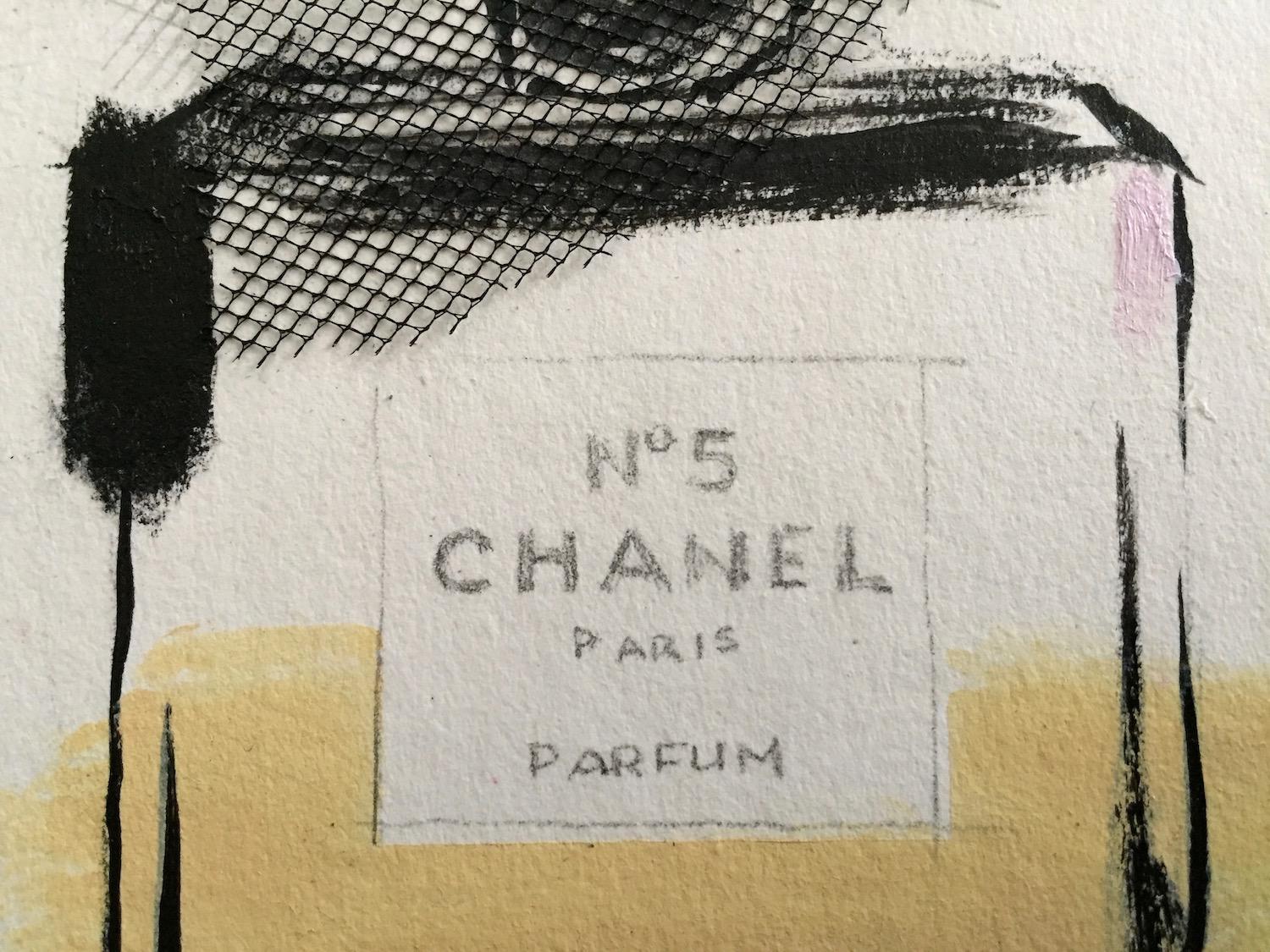 Homage to the iconic Chanel No. 5 perfume. Textured collage elements add visual interest to this mixed media work on heavy art board. Delicate detail compliments the loose brush work with an expressive outcome. (one from series of four)

Small