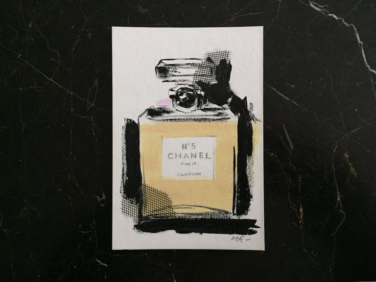 Homage to Chanel No. 5 -  #1 ( 4" x 5.8", Black, White, Yellow, Pink)) - Painting by Andrea Stajan-Ferkul