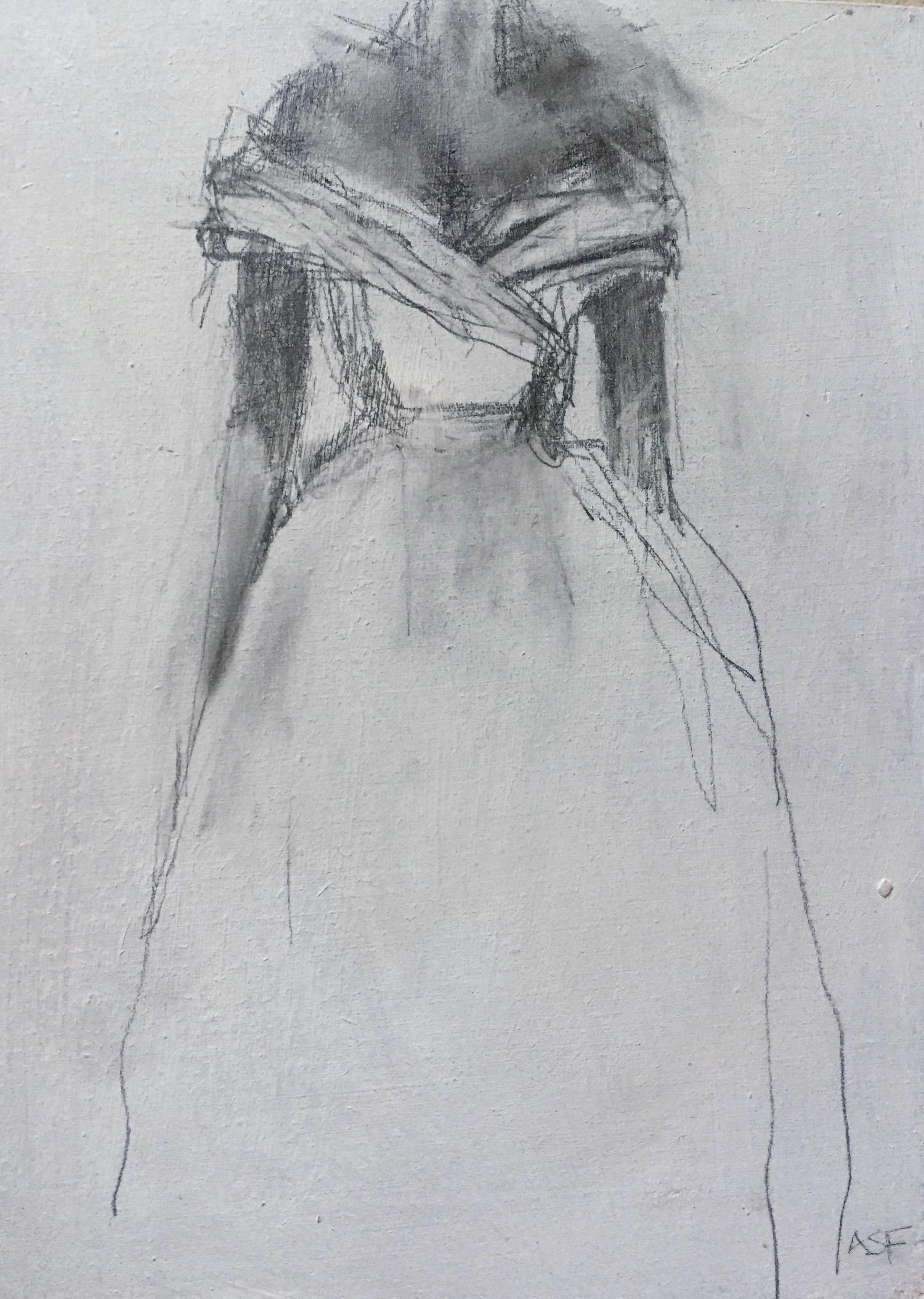 Andrea Stajan-Ferkul Figurative Art - Beautiful Mess ( 5"x7", White Dress Artwork On Masonite)