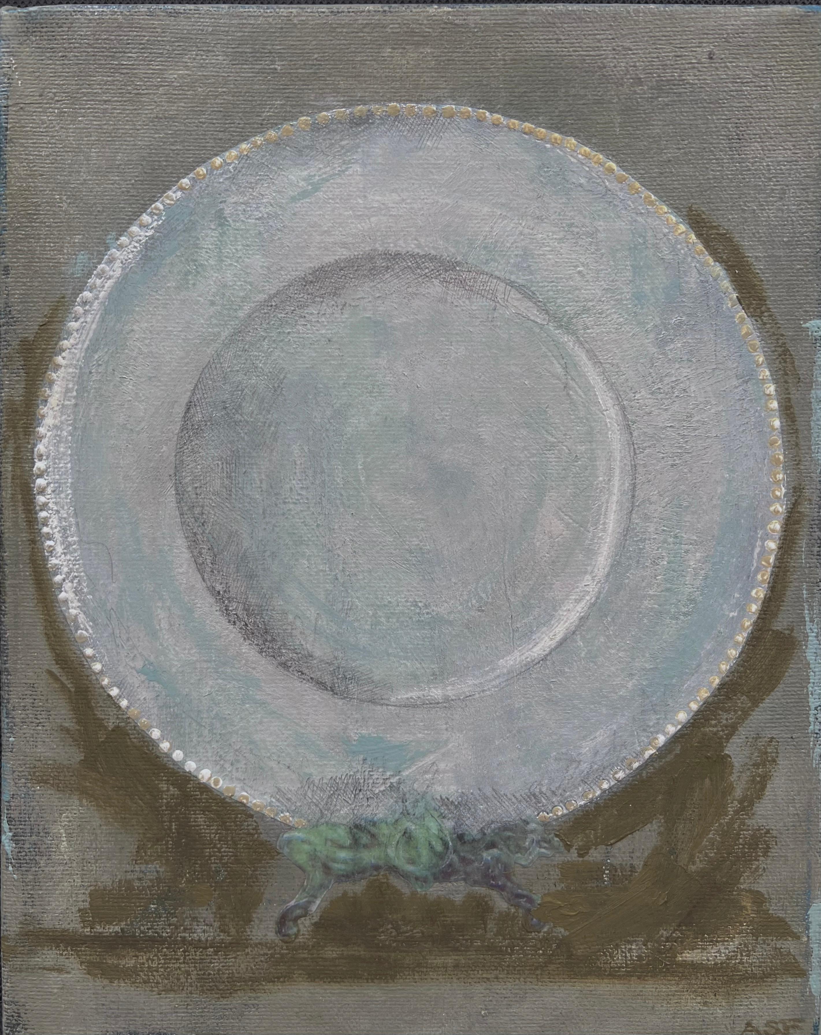 Dinner Plate 1 (8"x10", Still Life Painting On Canvas, Muted Green, White)