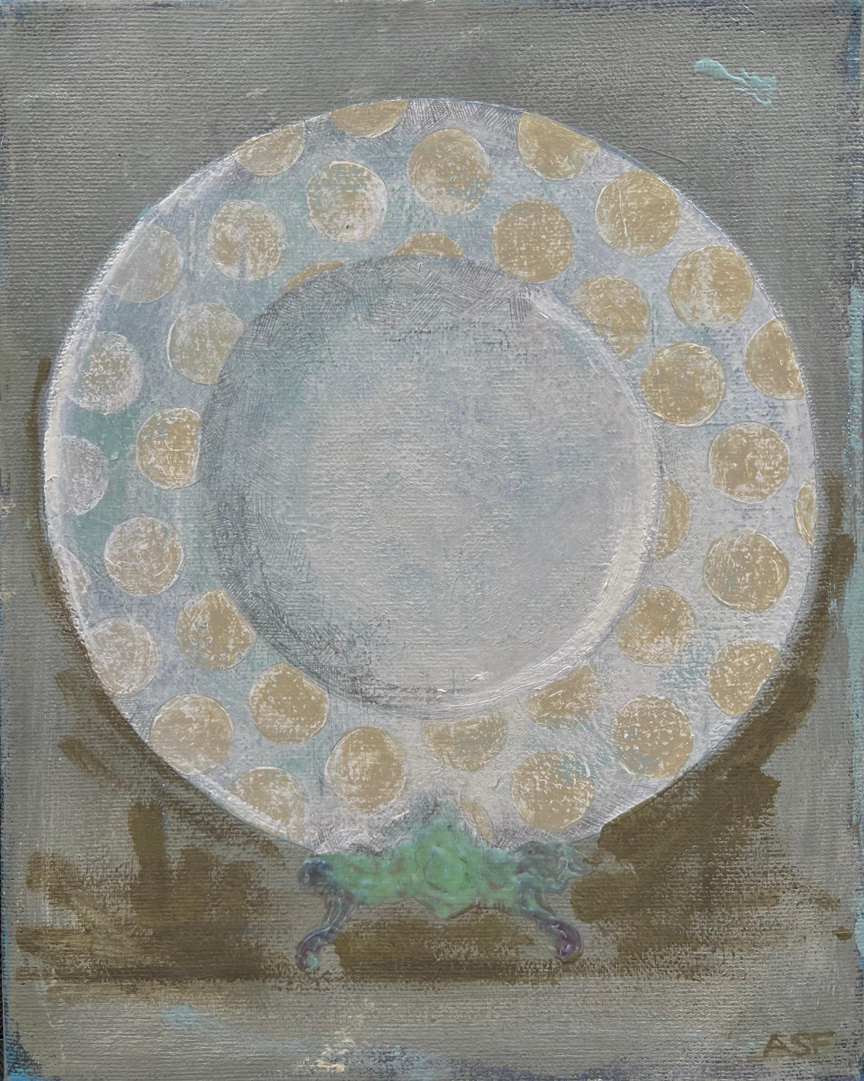 Andrea Stajan-Ferkul Still-Life Painting - Dinner Plate 2 (8"x10", Still Life Painting On Canvas, Muted Green, White)