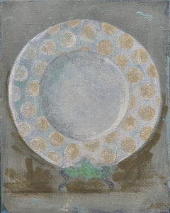 Dinner Plate 2 (8"x10", Still Life Painting On Canvas, Muted Green, White)