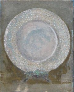 Dinner Plate 3 (8"x10", Still Life Painting, Muted Green, White)