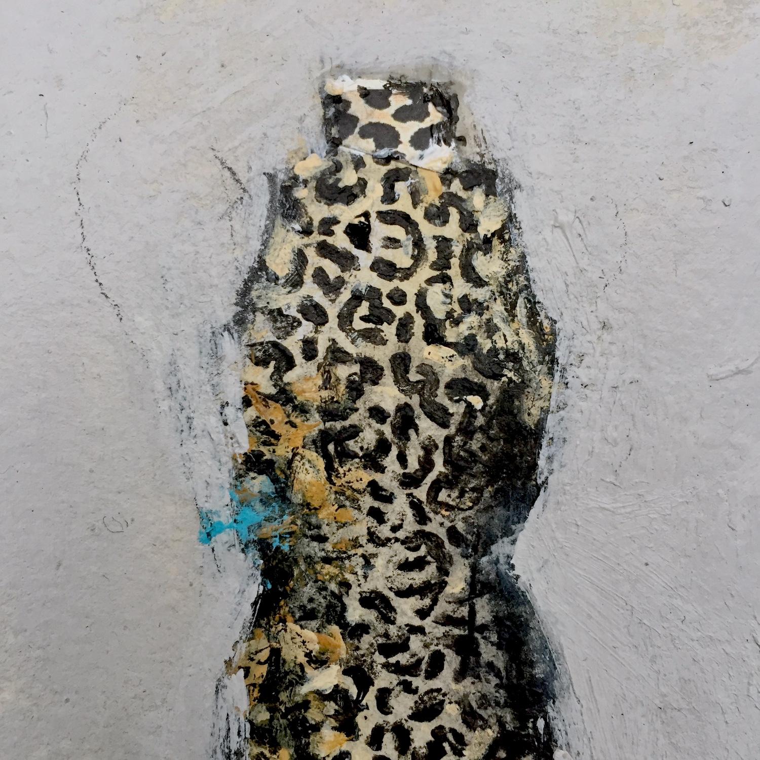 This delicate leopard print dress is an artwork on paper blending paint and color pencil. Composition, intuitive mark-making and loose textured detail make for an outcome both expressive and refined. The perfect addition to a personal art