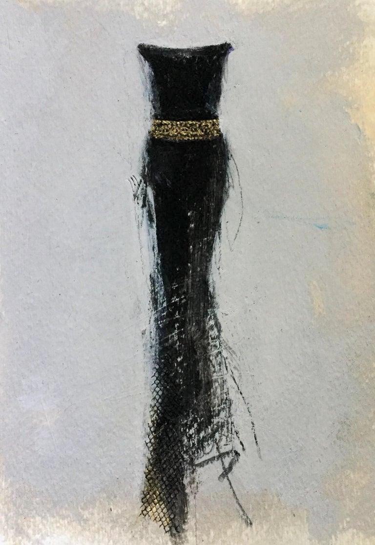 Andrea Stajan-Ferkul Figurative Art - The Dressing Room 2 - 5"x7" Fortuny Style Black Dress Painting, Artwork On Paper