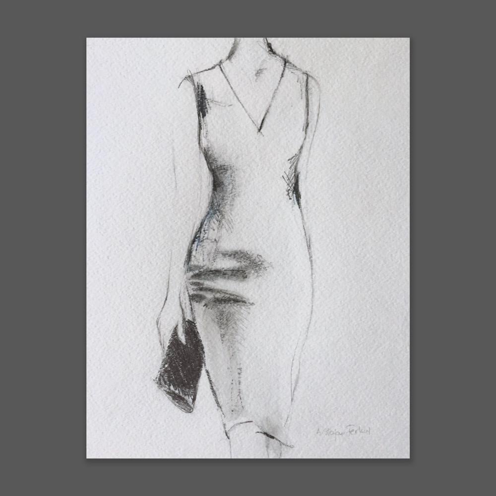 Andrea Stajan-Ferkul Figurative Art – It's All In The Bag #2, 8"x10" Kunst auf Papier, Bleistift, Mode, Schwarz und Weiß  