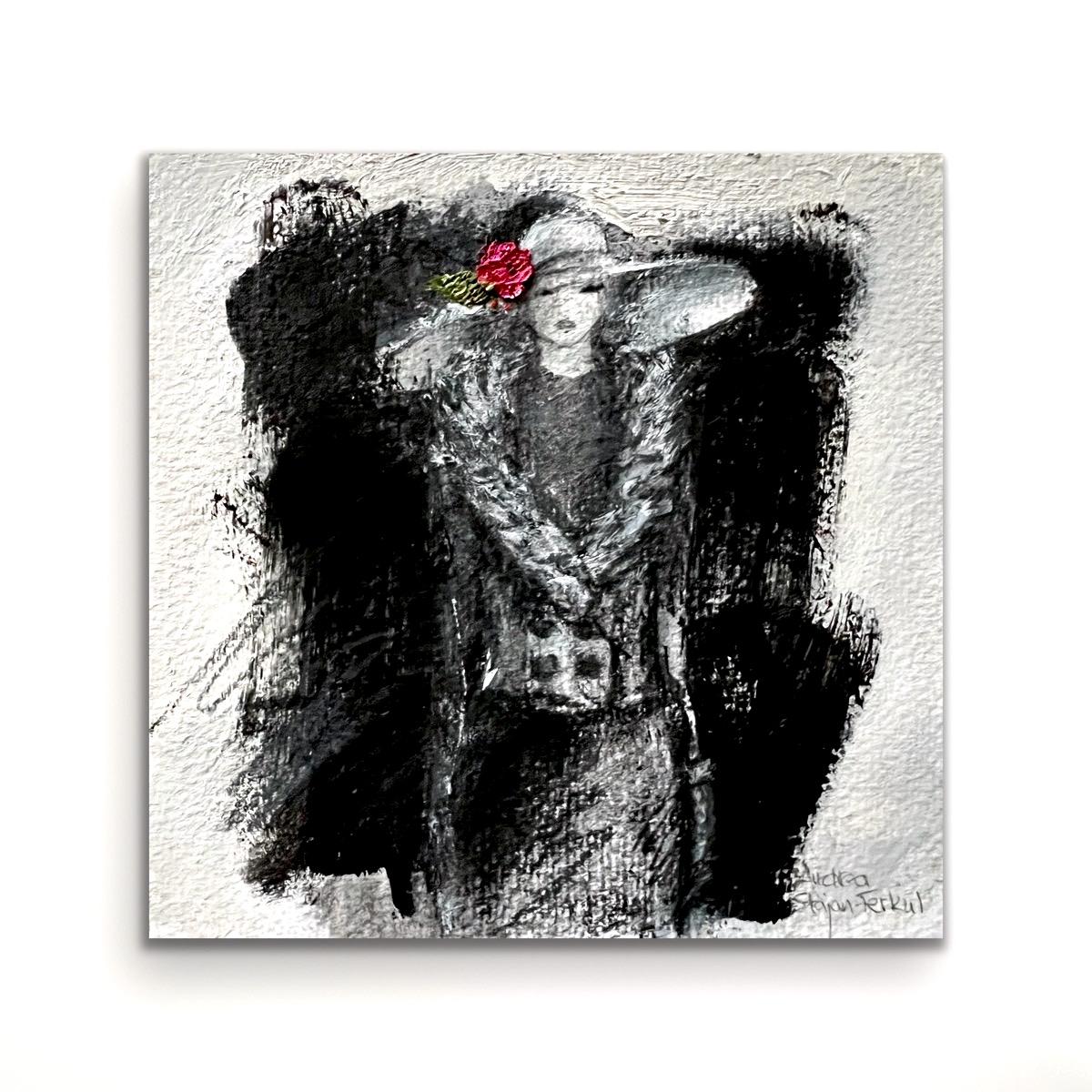 Andrea Stajan-Ferkul Figurative Art - The Hat Lady - 5"x5" Framed Artwork (Black, White, Red, Figurative, Fashion)
