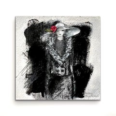 The Hat Lady - 5"x5" Framed Artwork (Black, White, Red, Figurative, Fashion)