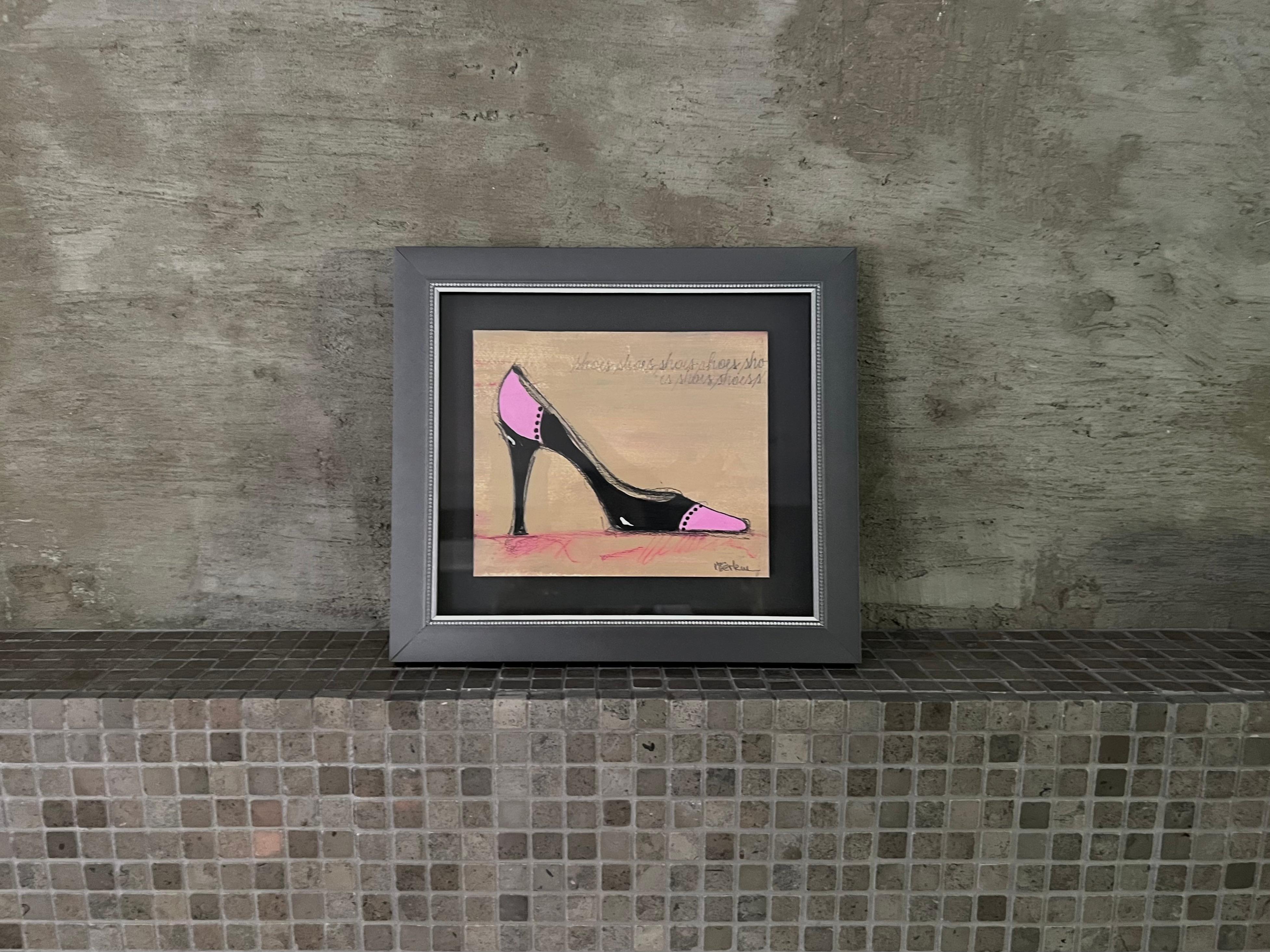 Andrea Stajan-Ferkul Still-Life - I Love Shoes -  (8.25”x9.25”, Shoe Series, Pink And Black Shoe, Framed)