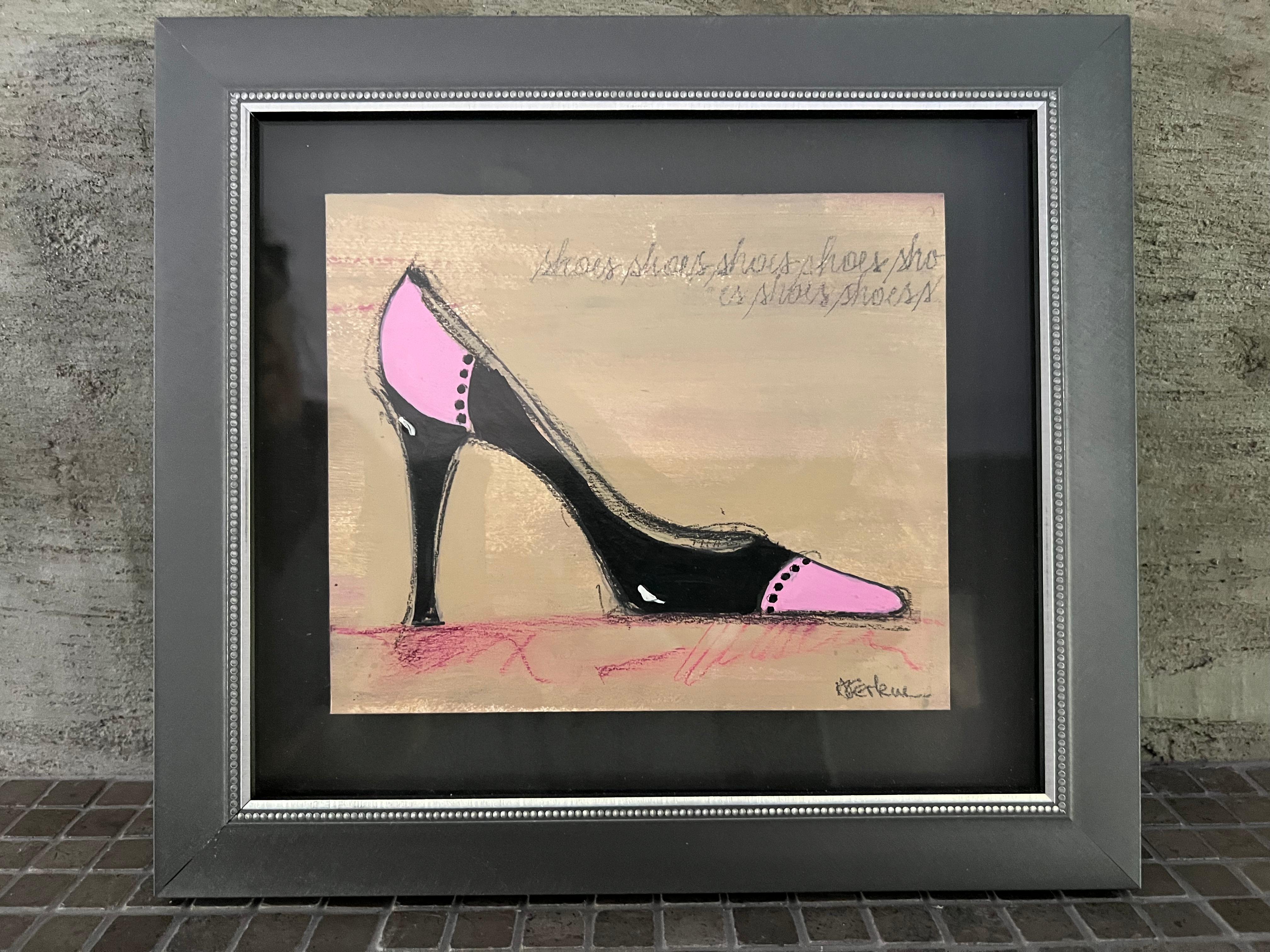 I Love Shoes -  (8.25”x9.25”, Shoe Series, Pink And Black Shoe, Framed) For Sale 7