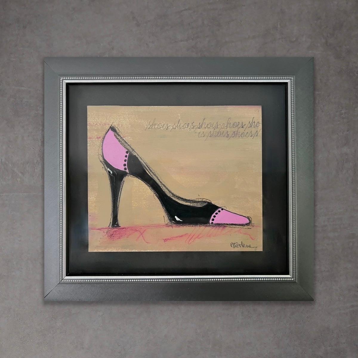 I Love Shoes -  (8.25”x9.25”, Shoe Series, Pink And Black Shoe, Framed) - Contemporary Art by Andrea Stajan-Ferkul