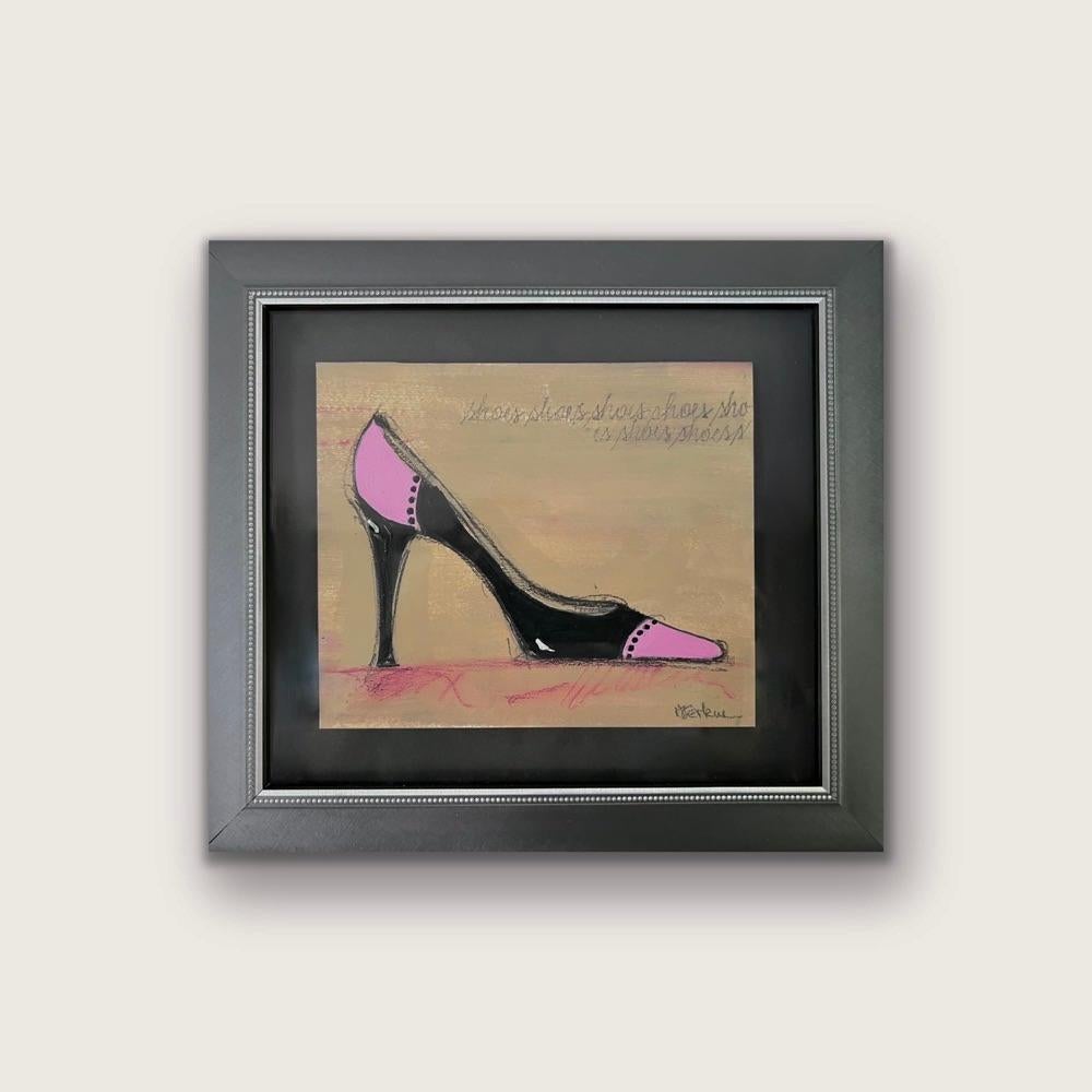 Small artwork is intimate and can personalize spaces. This classic pink and black pump is an artwork blending acrylic, pencil and color pencils in a loose style keeping it both expressive and refined. The artwork floats above a contrasting matte