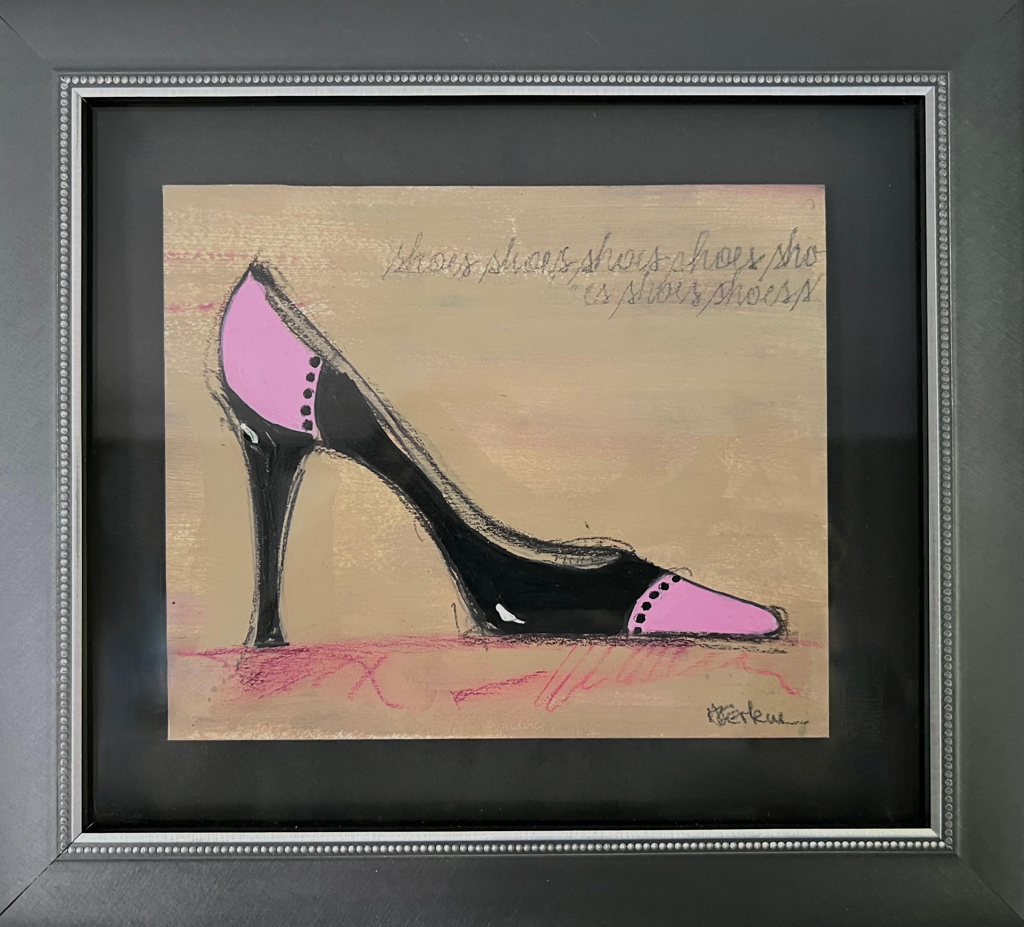 Andrea Stajan-Ferkul Still-Life - I Love Shoes - 1 - (8.25”x9.25”, Framed Black And Pink Shoe, Original Artwork)