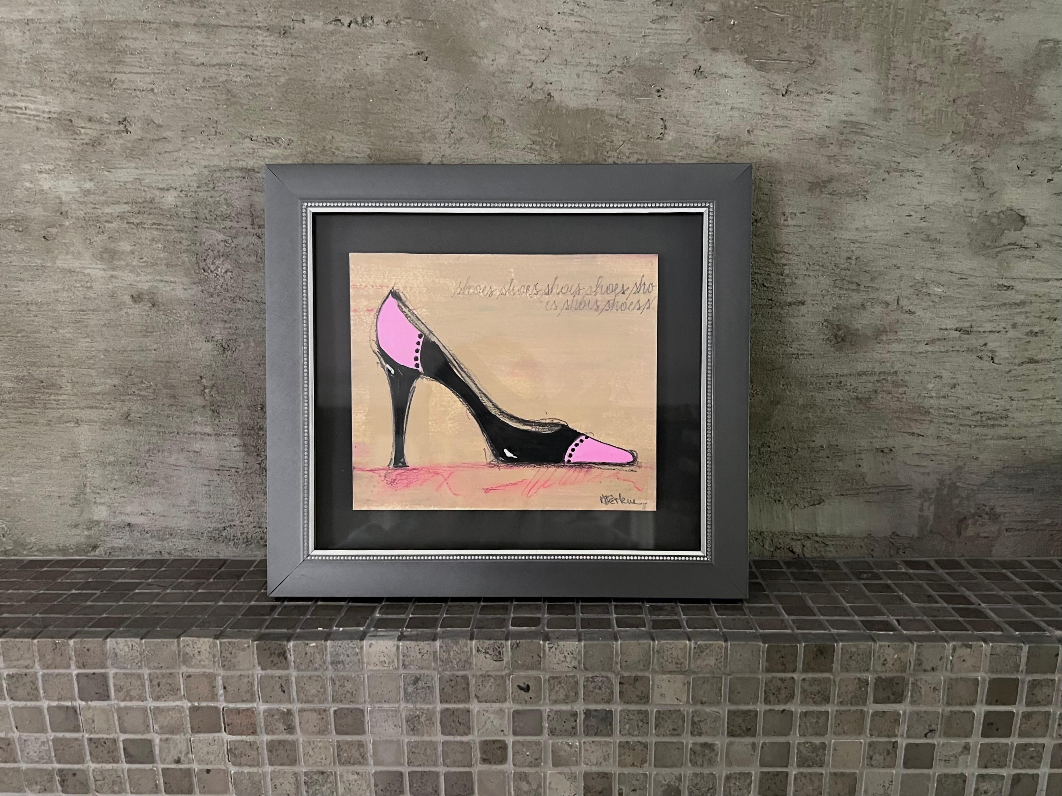 I Love Shoes - 1 - (8.25”x9.25”, Framed Black And Pink Shoe, Original Artwork) For Sale 2