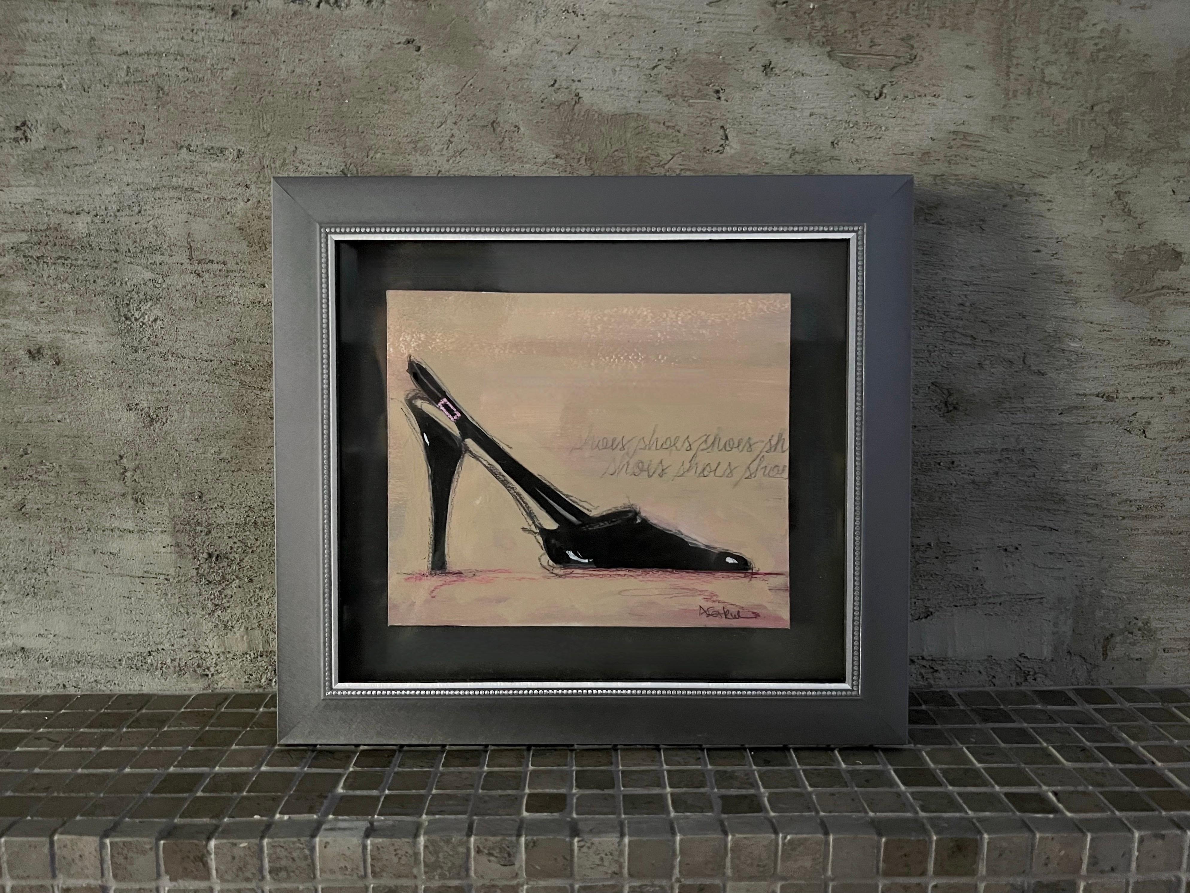I Love Shoes - 2 (8.25”x9.25”, Black, Pink, Beige - Original Art) For Sale 1