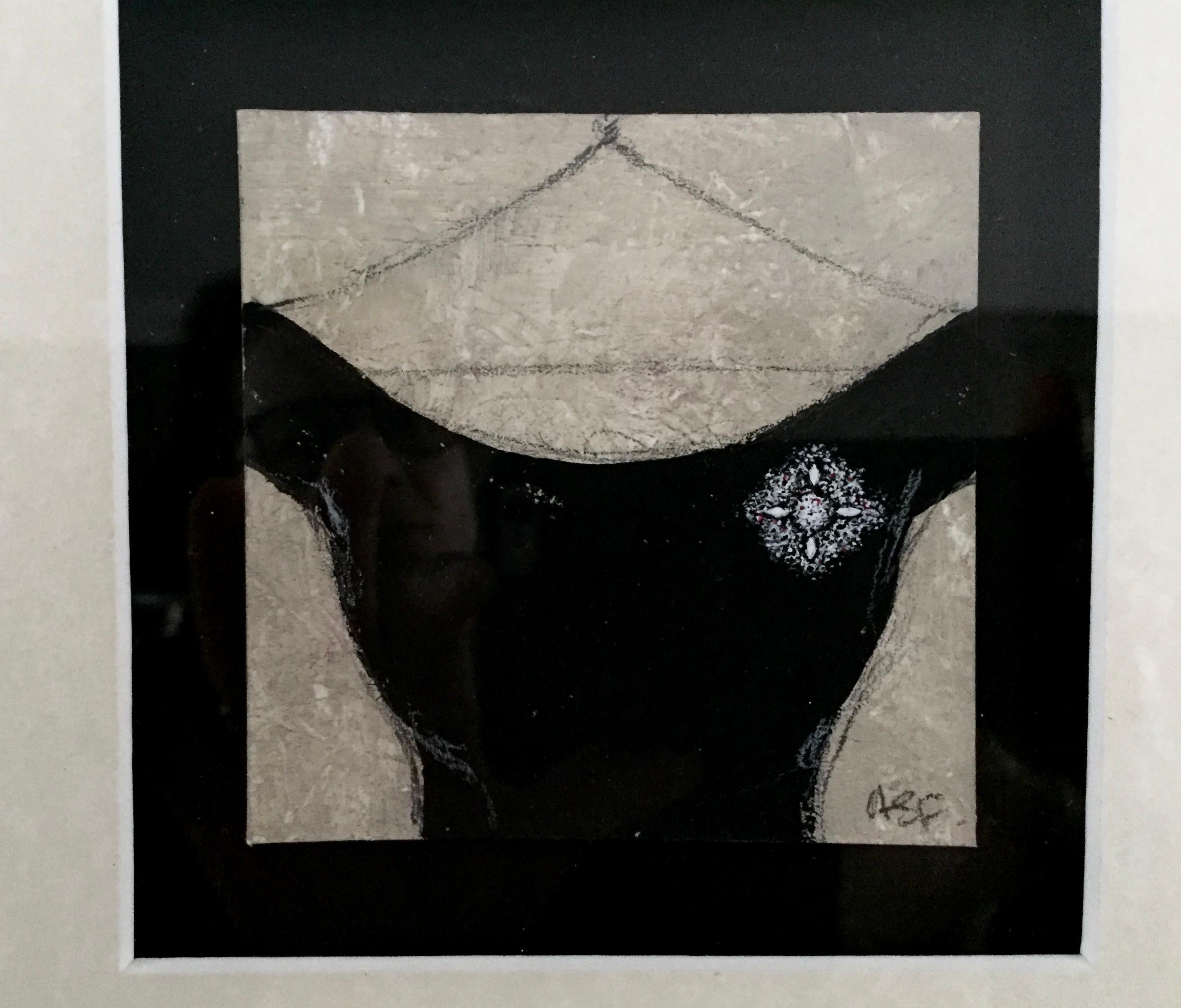 Evening Attire 1 - Black Dress With Delicate Broach, Black And White, Framed - Art by Andrea Stajan-Ferkul