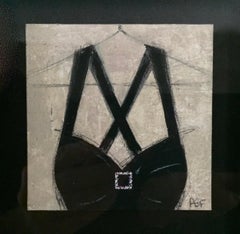 Evening Attire #3, 14"x14" Framed Original Art Black White Beige, Christmas Gift