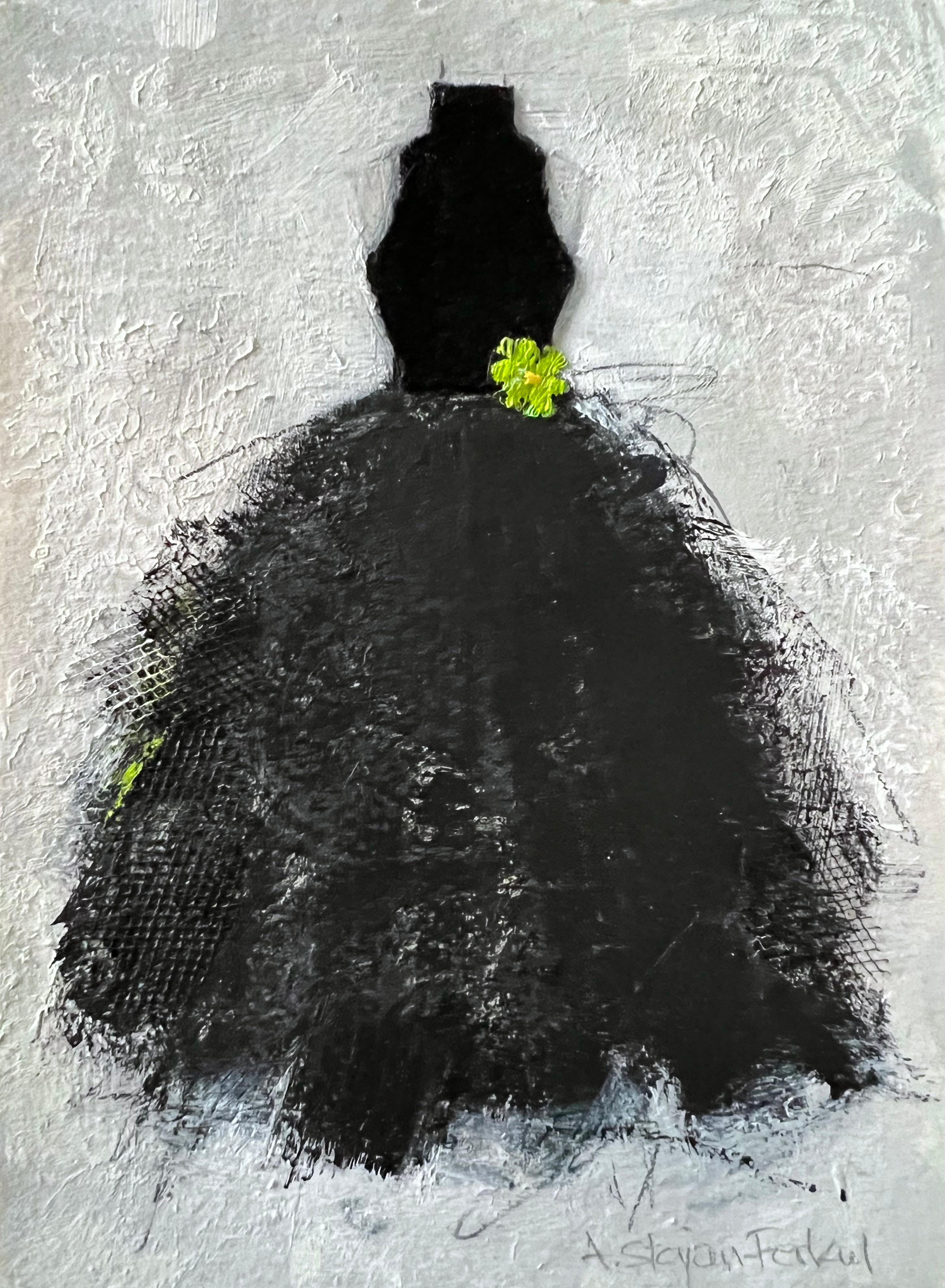 The Wallflower, 5"x7", Dress Painting, Artwork On Paper, Green, Black