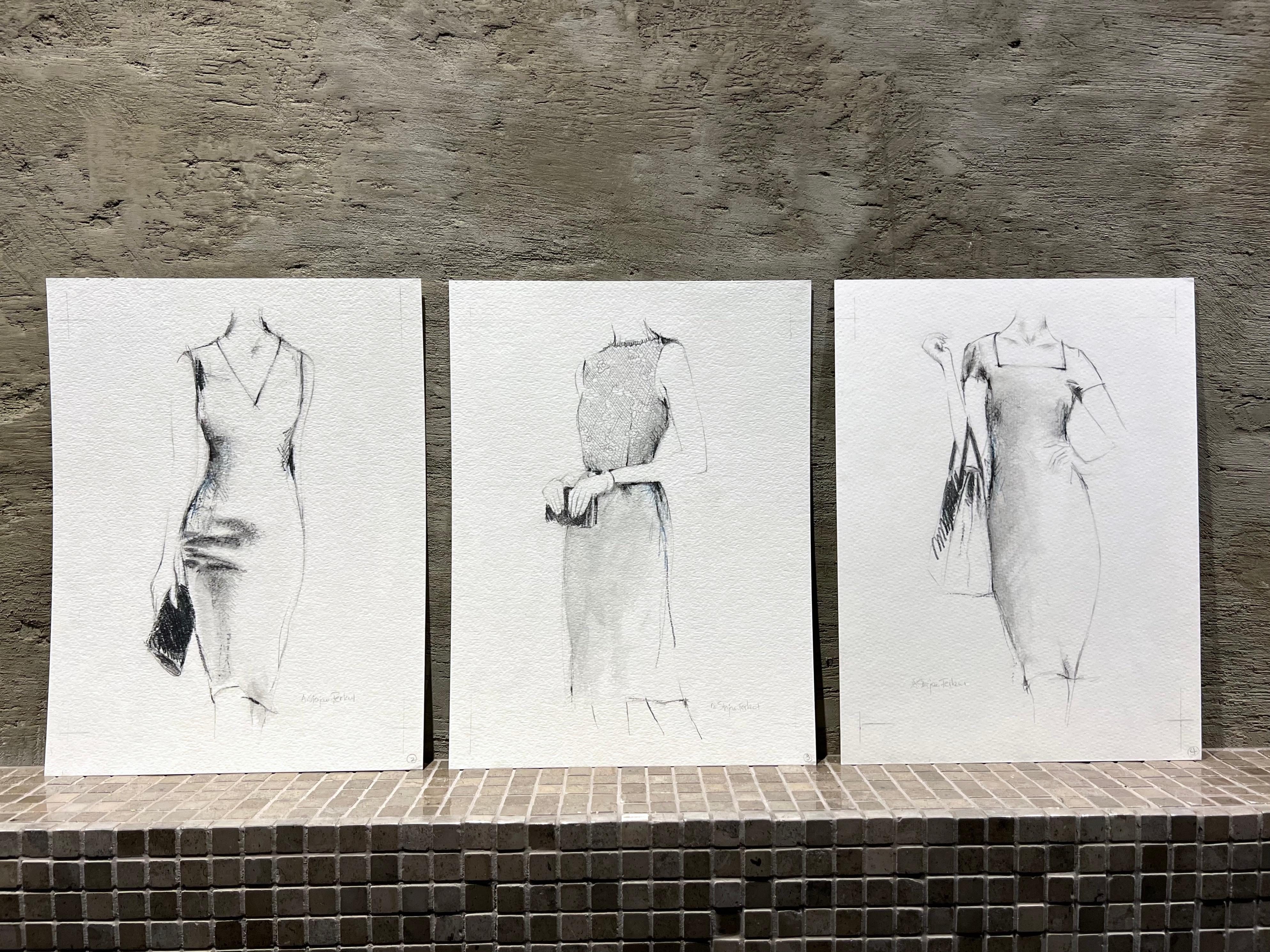 IT'S ALL IN THE BAG - This set of three original pencil artworks on heavy textured paper features streamlined compositions with an emphasis on the bag. The blend of detailed and expressive pencil work balances the contrast between dark and light