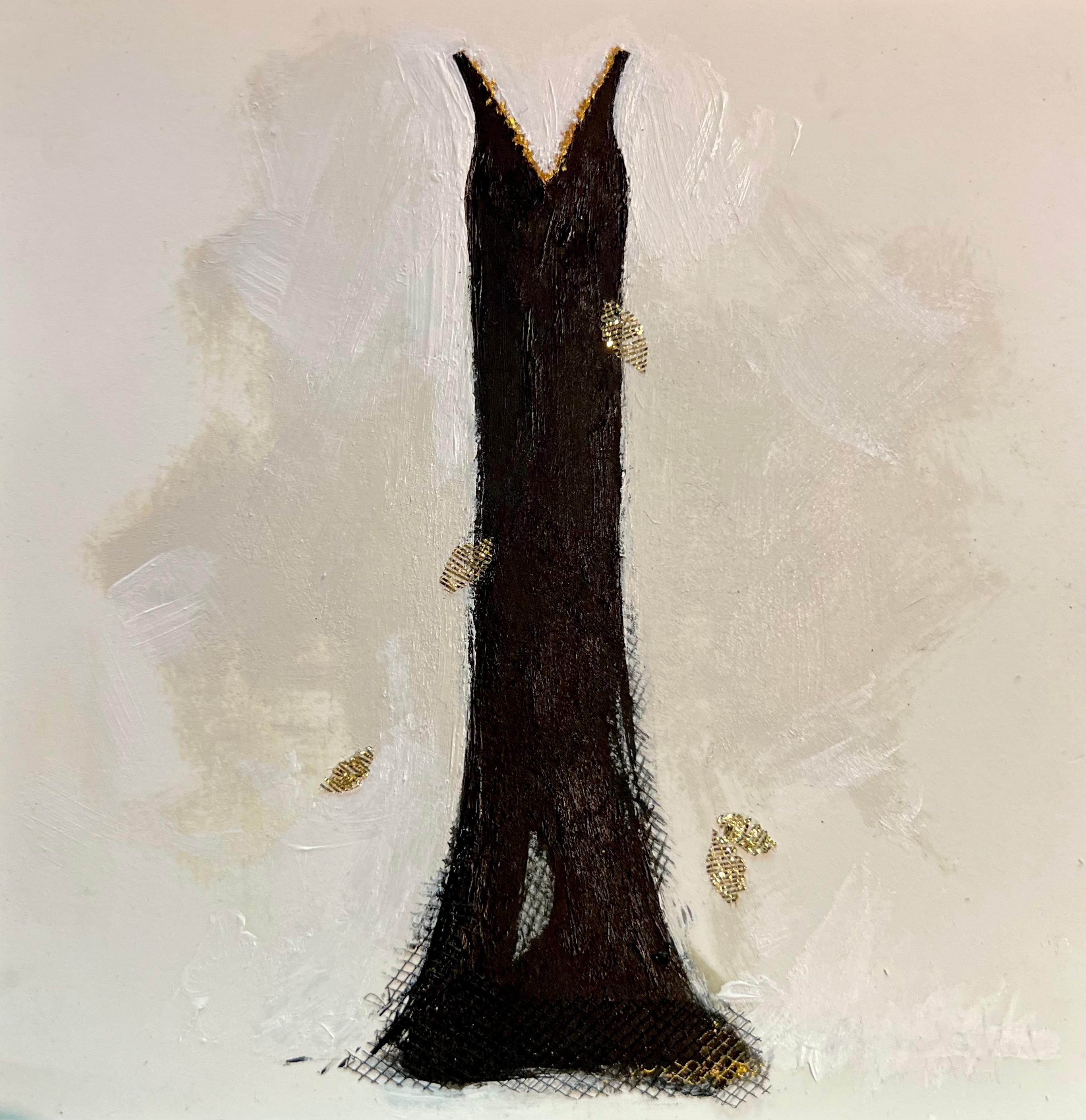 Golden Moment - 5"x5" Small Artwork On Paper, Black Dress, Gold Collage Detail