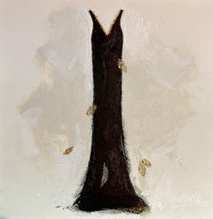 Goldener Moment - 5 "x5", Kunstwerk auf Papier, Schwarzes Kleid mit goldenem Collagen-Detail