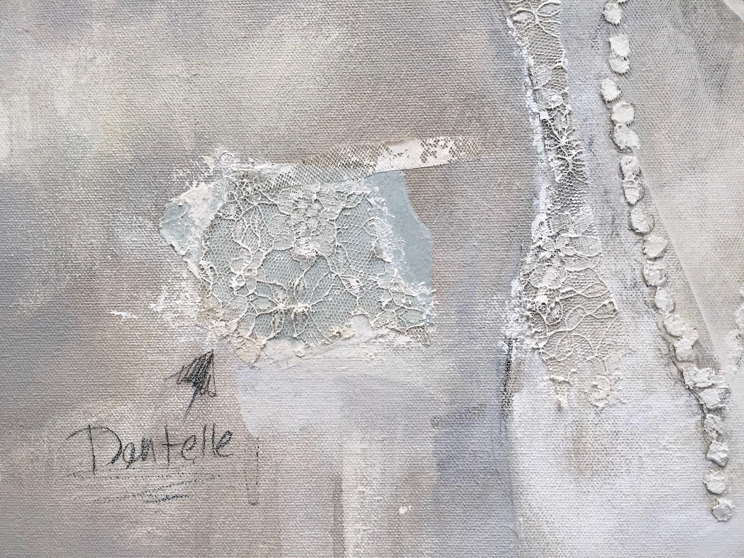 From the artist's ongoing series of dress paintings. This contemporary, impressionistic style painting features a three-dimensional tulle bow. Textures and tone on tone neutrals are used to create dimension. 

//

Andrea Stajan-Ferkul is a Canadian