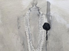 All Dressed Up - 24"x30", Expressive, Feminine Painting, Black, White, Beige