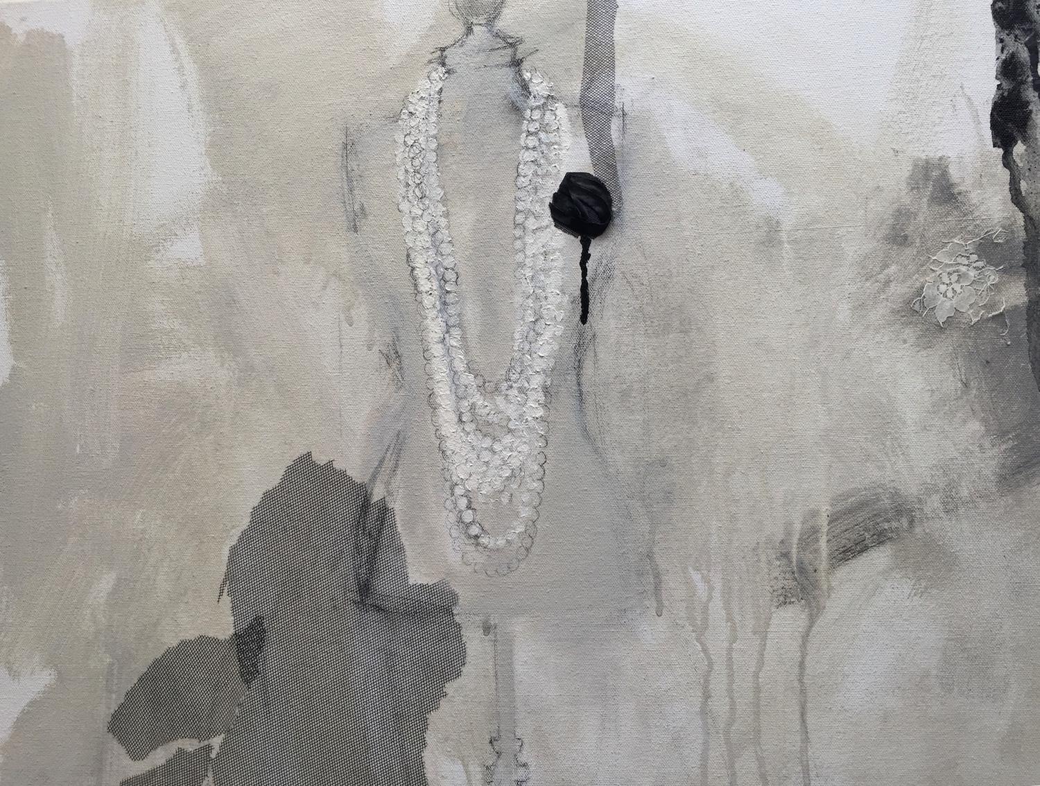 Wear them everywhere all the time. Pearls are featured in this expressive interplay of paint, pencil and textile collage. The combination of intricate detail and intuitive paint strokes, communicates a feminine, ethereal impression, full of texture