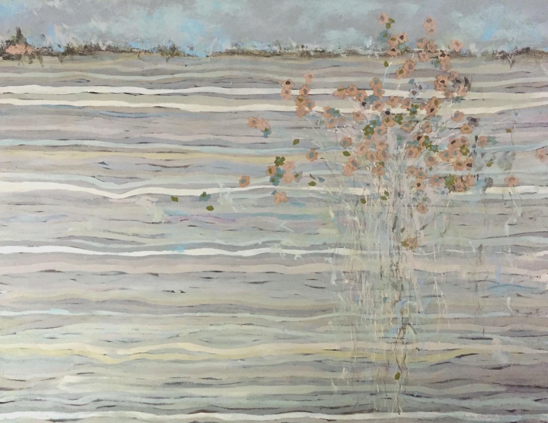 Andrea Stajan-Ferkul Landscape Painting - Just Breathe - 48"x60", Floral Landscape, Green Blue Semi Abstract Impressionism