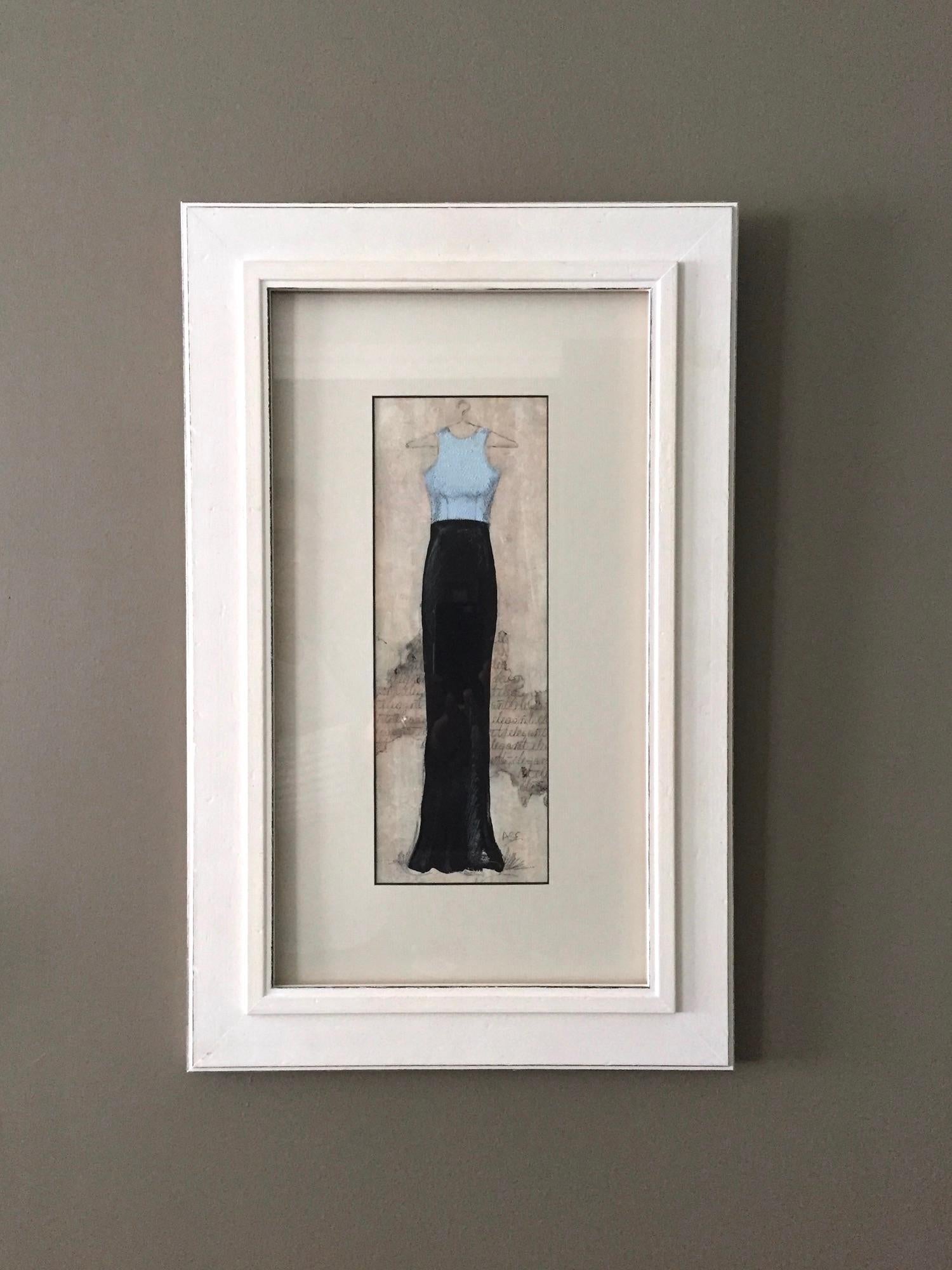 This dress painting on board blends mediums to create textured detail with an outcome both expressive and refined. A scripted pencil pattern adds to the layers of tone on tone neutrals built up in the background. The combination of delicate,